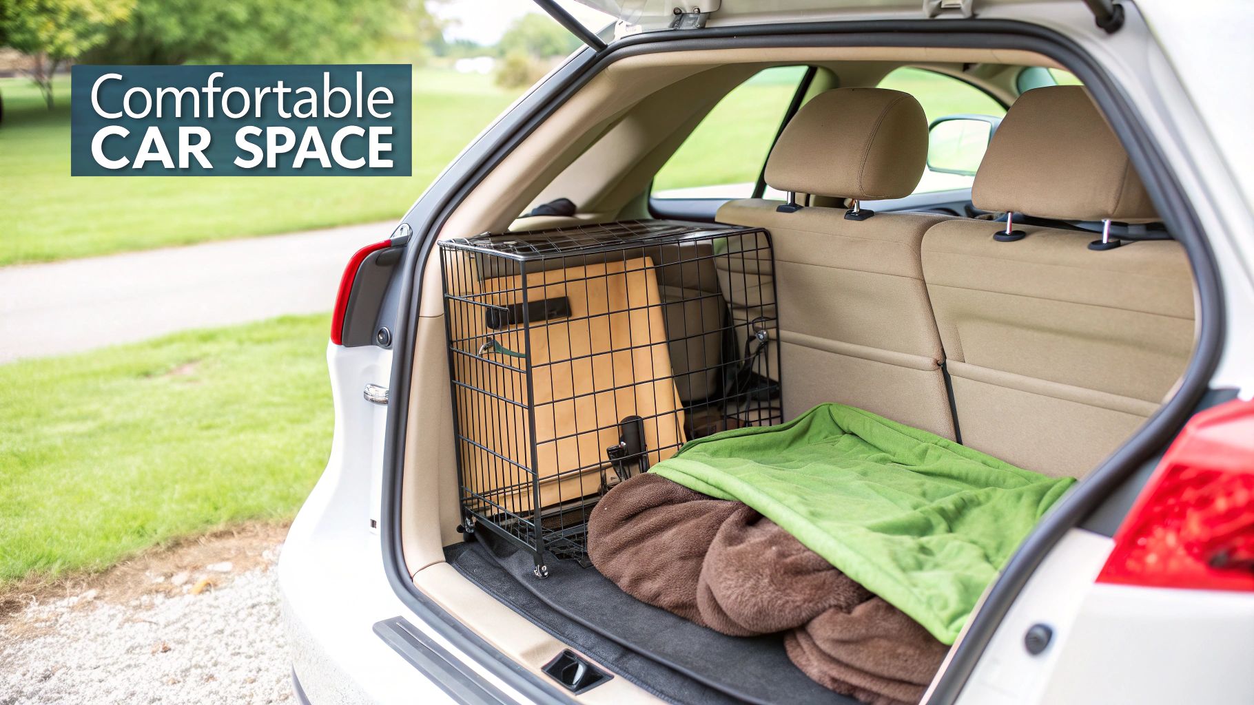 Open car trunk with a dog crate, cozy pet bed, and green blanket, prepared for comfortable pet travel.