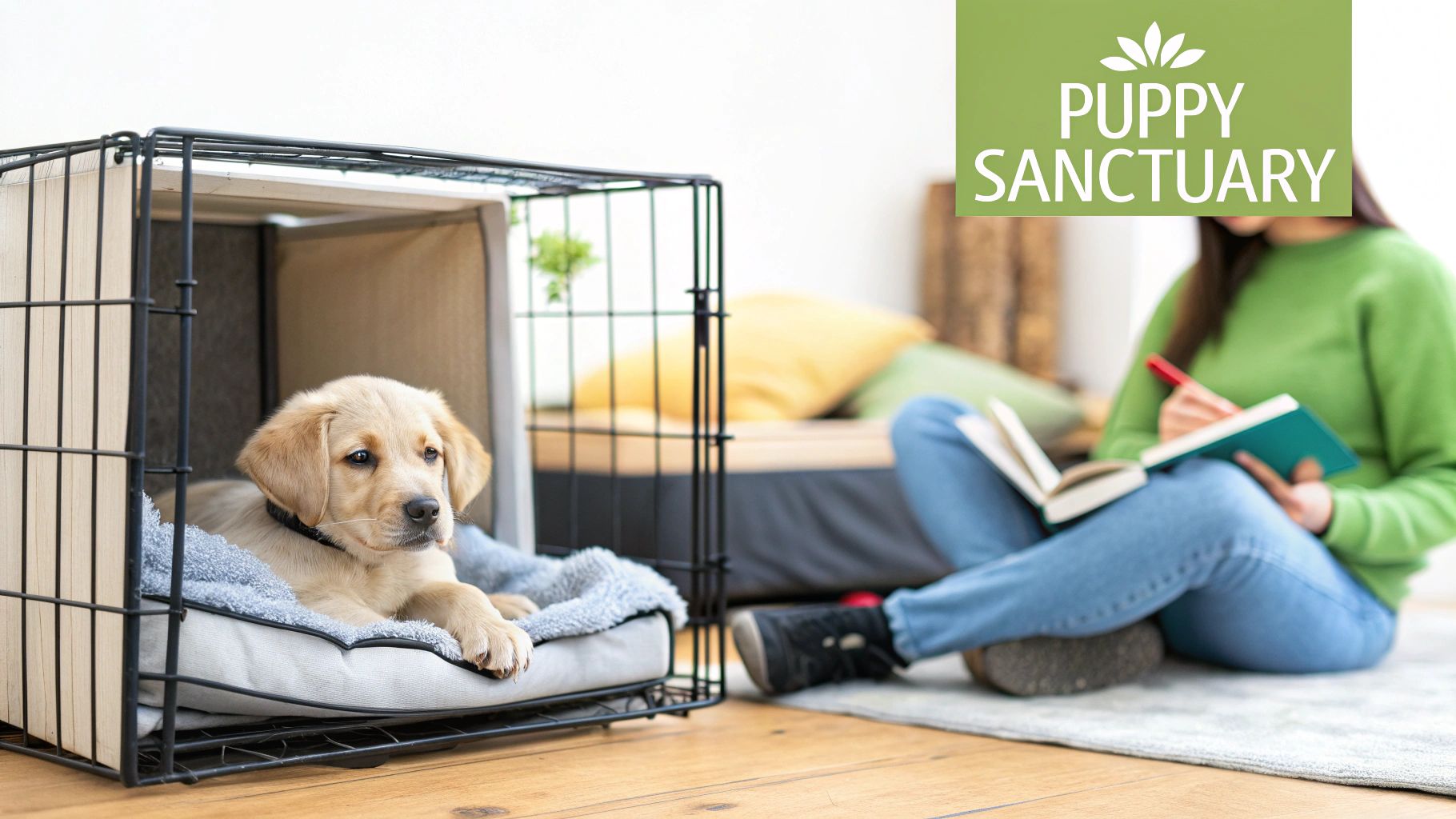 A light brown puppy relaxes comfortably in a modern crate, with a person reading in the background.