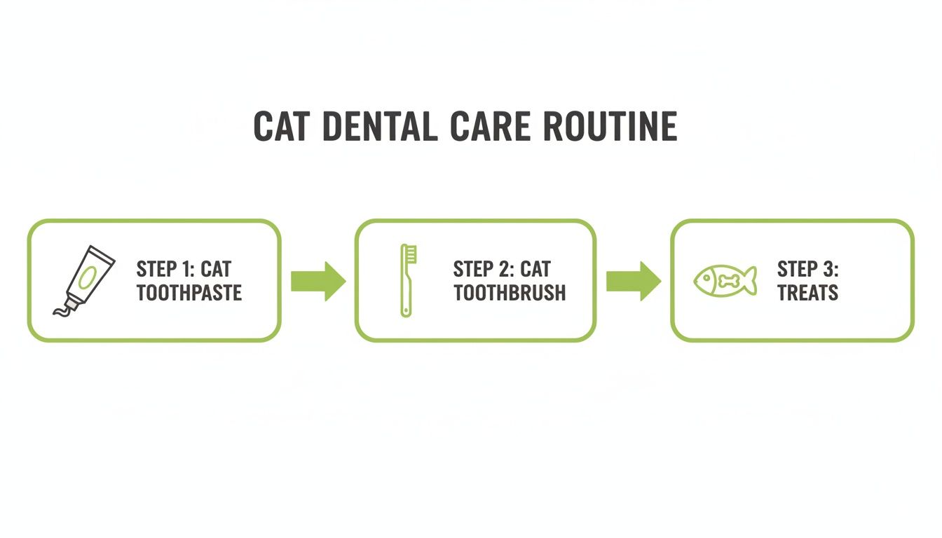 A three-step visual guide illustrating a cat dental care routine with toothpaste, toothbrush, and treats.