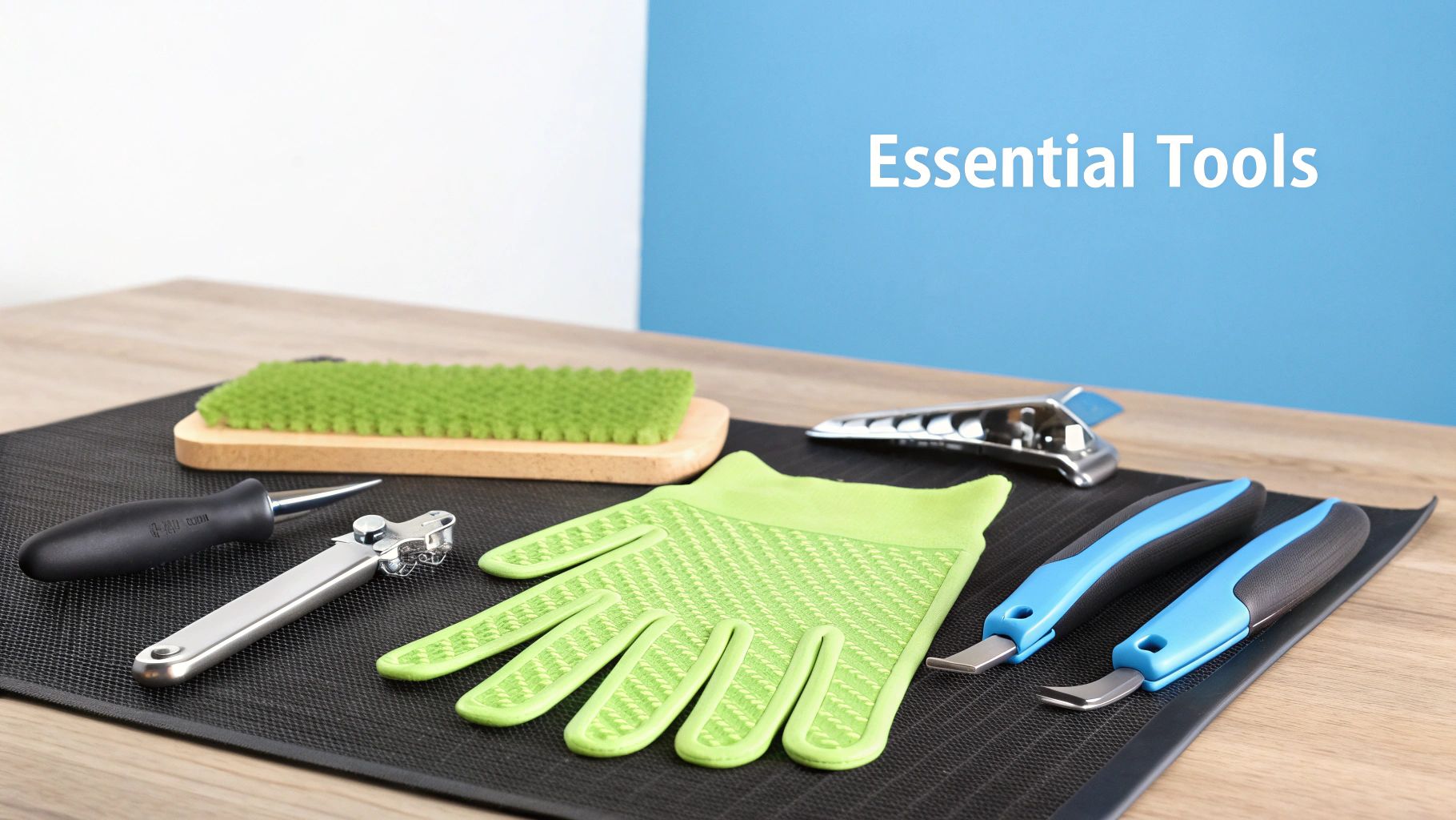 A collection of essential kitchen and utility tools, including a green glove, brushes, and metal gadgets.