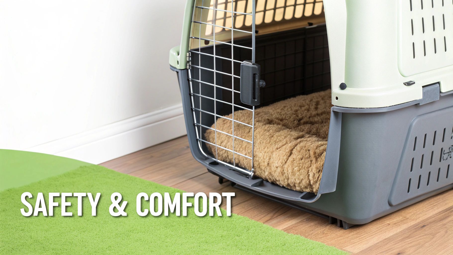A light green and grey pet carrier with a soft brown bed inside, emphasizing safety and comfort.