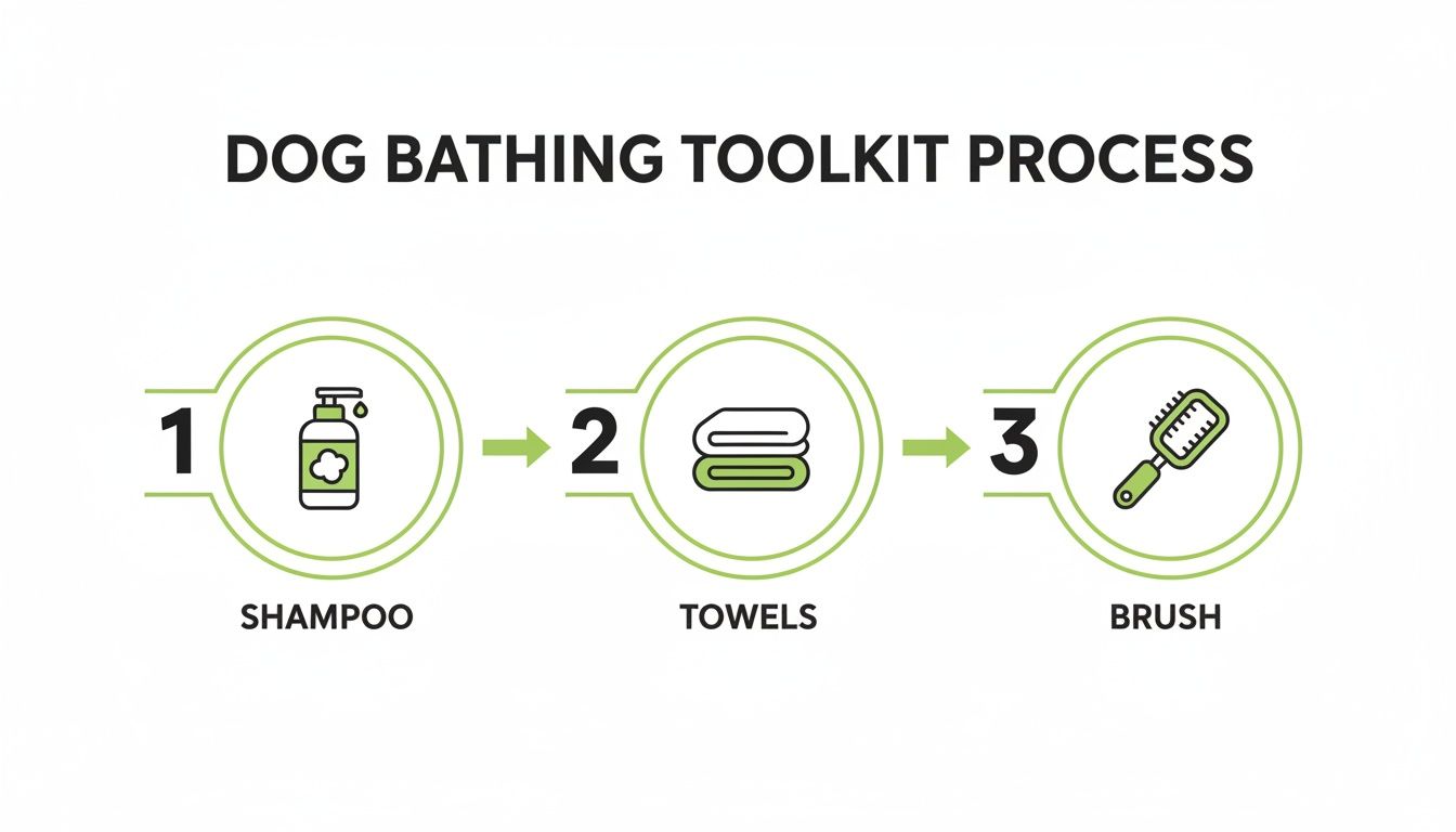 Three-step dog bathing toolkit process with icons for shampoo, towels, and a brush.