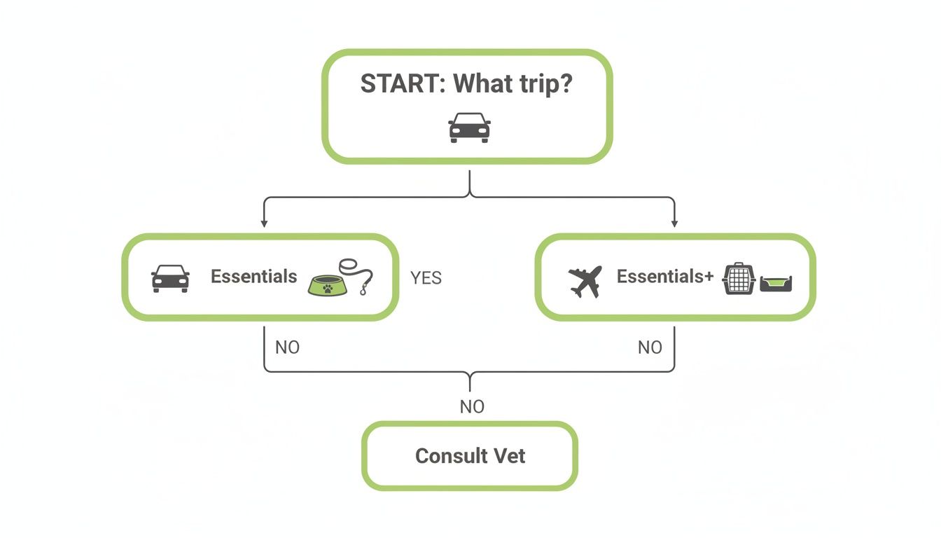 Flowchart illustrating pet travel essentials, distinguishing between car trips and plane trips, ending with consulting a vet.