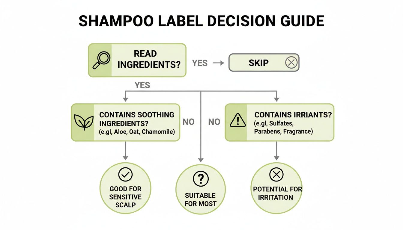 A flowchart guiding shampoo label decisions, checking for soothing ingredients and irritants.