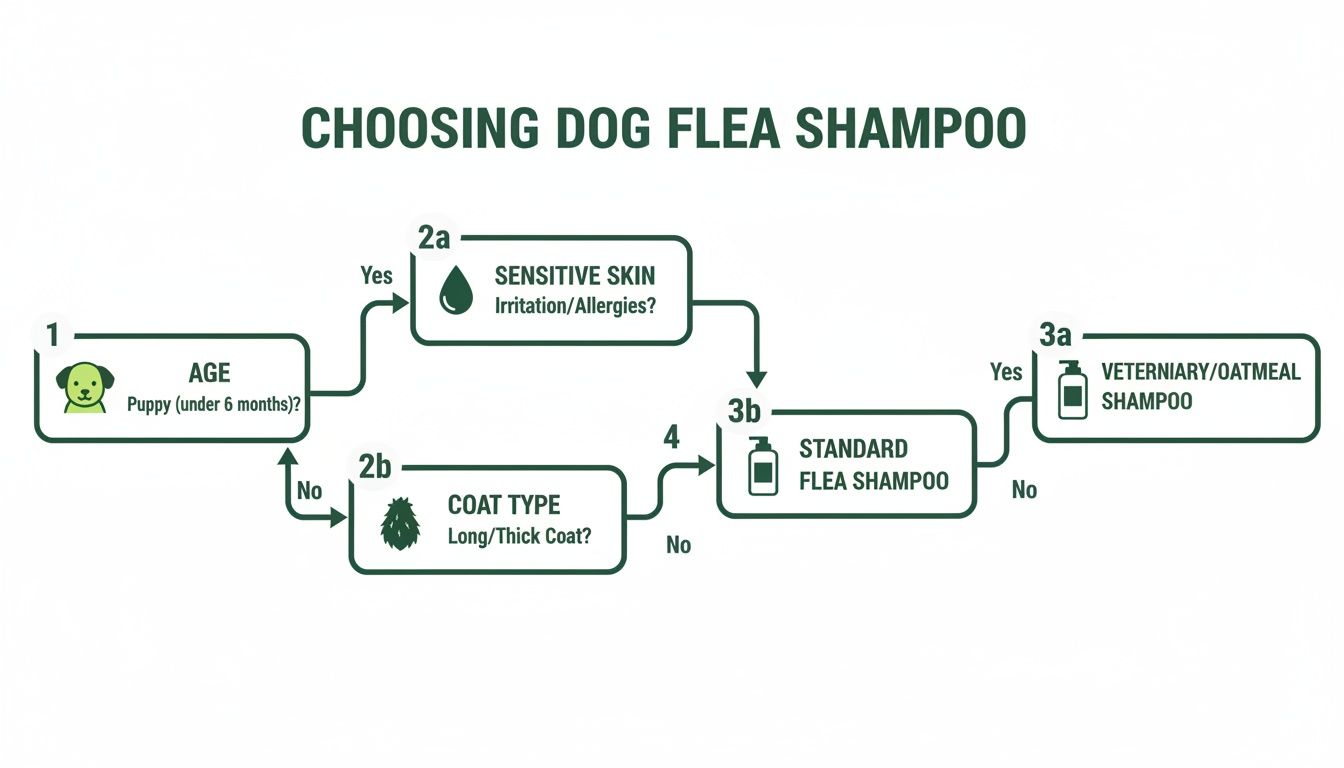 A flowchart guiding on choosing dog flea shampoo based on age, skin sensitivity, and coat type.