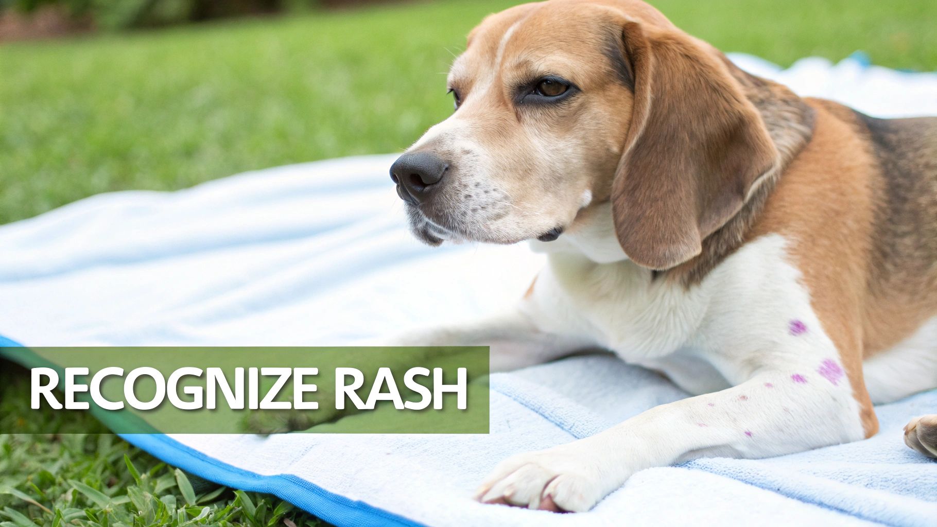 A beagle dog with purple rash spots on its front leg, lying on a blanket on grass with 'RECOGNIZE RASH' text.