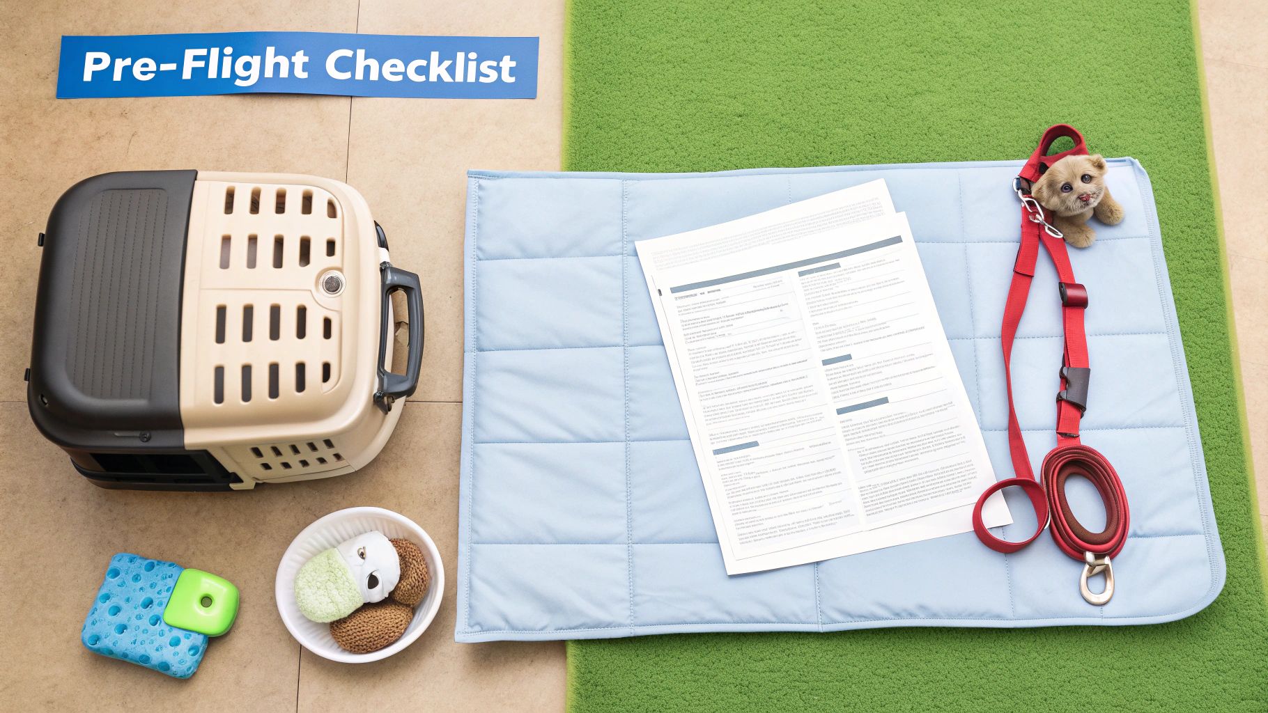 A pre-flight checklist laid out with a pet carrier, documents, leash, and pet toys for travel.