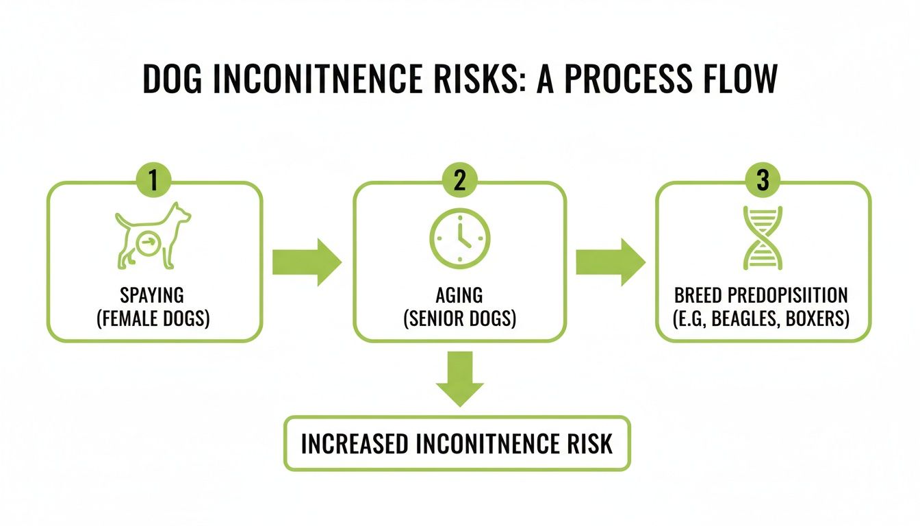 Process flow diagram illustrating dog incontinence risks: spaying, aging, and breed predisposition factors.