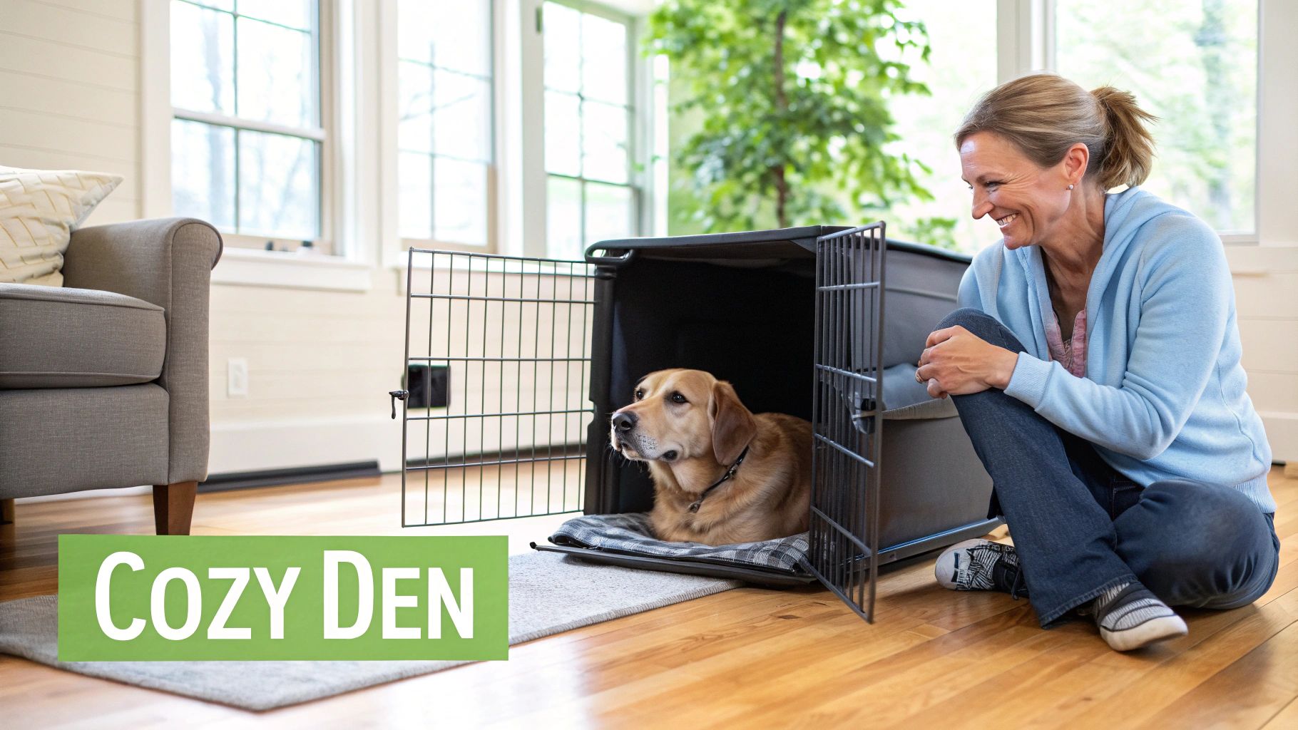 A happy woman smiles at her golden retriever dog resting comfortably in an open crate.
