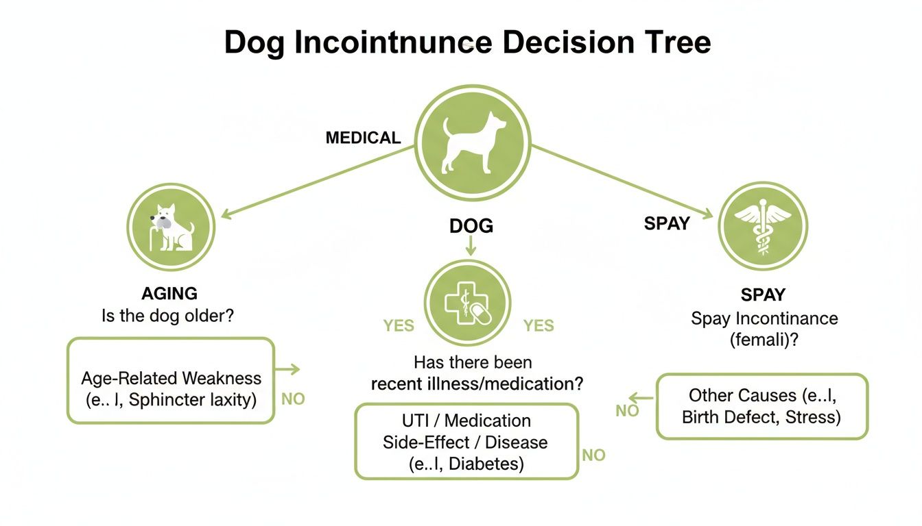 Decision tree illustrating causes of dog incontinence: aging, illness, medication side-effects, and spay complications.
