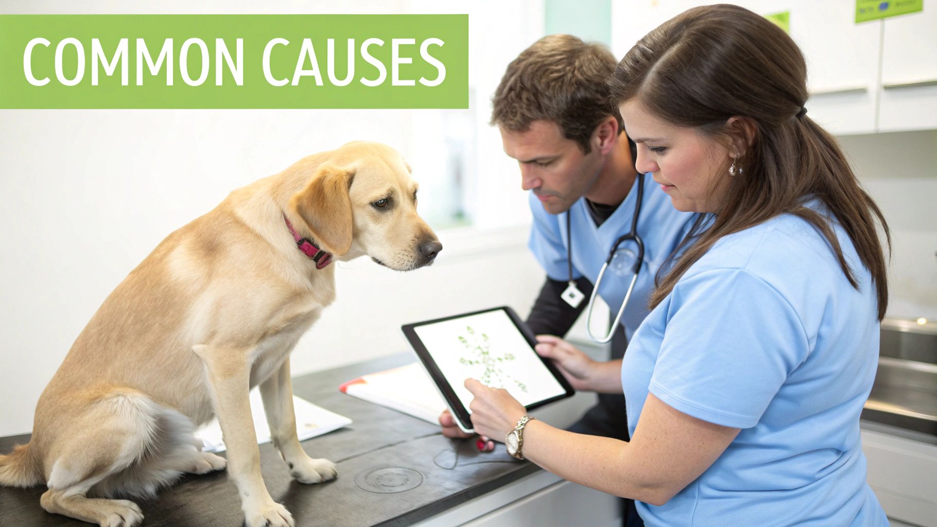 Two veterinarians in scrubs examine a golden retriever on a table, reviewing a tablet.