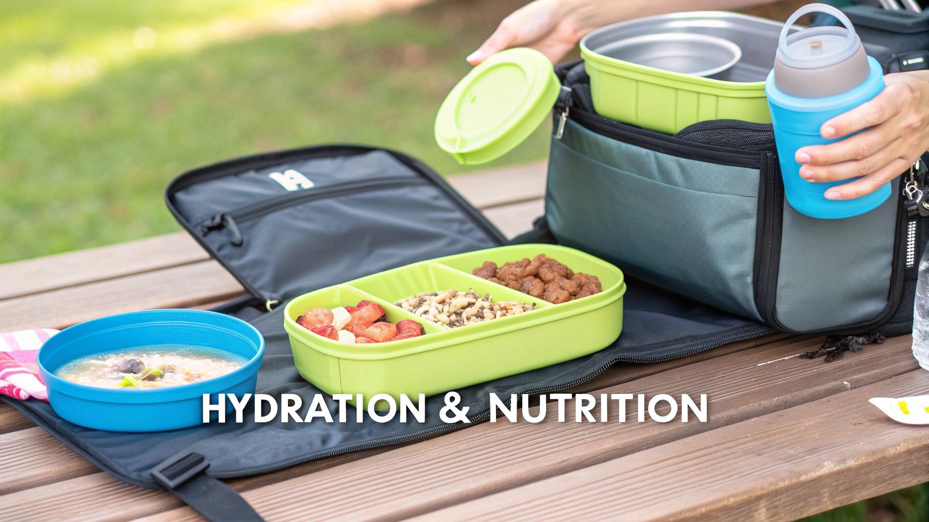 Person arranging a healthy outdoor meal with a segmented lunchbox, soup, and a reusable water bottle.
