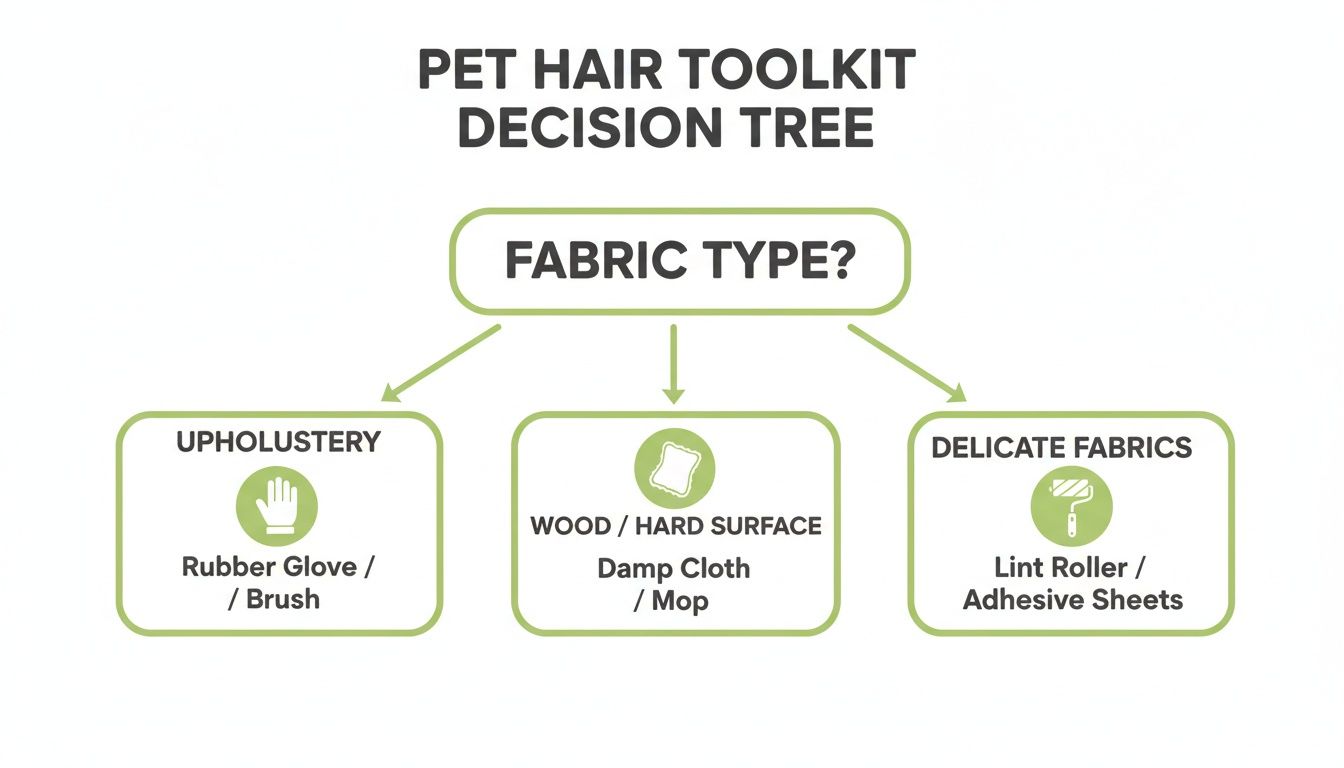 A pet hair toolkit decision tree outlining methods for removing pet hair from various surfaces.