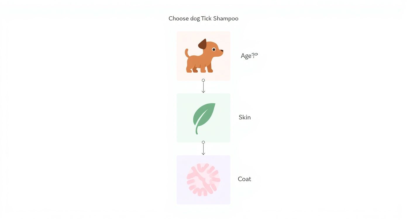 Flow chart showing dog tick shampoo selection process based on age, skin type, and coat characteristics