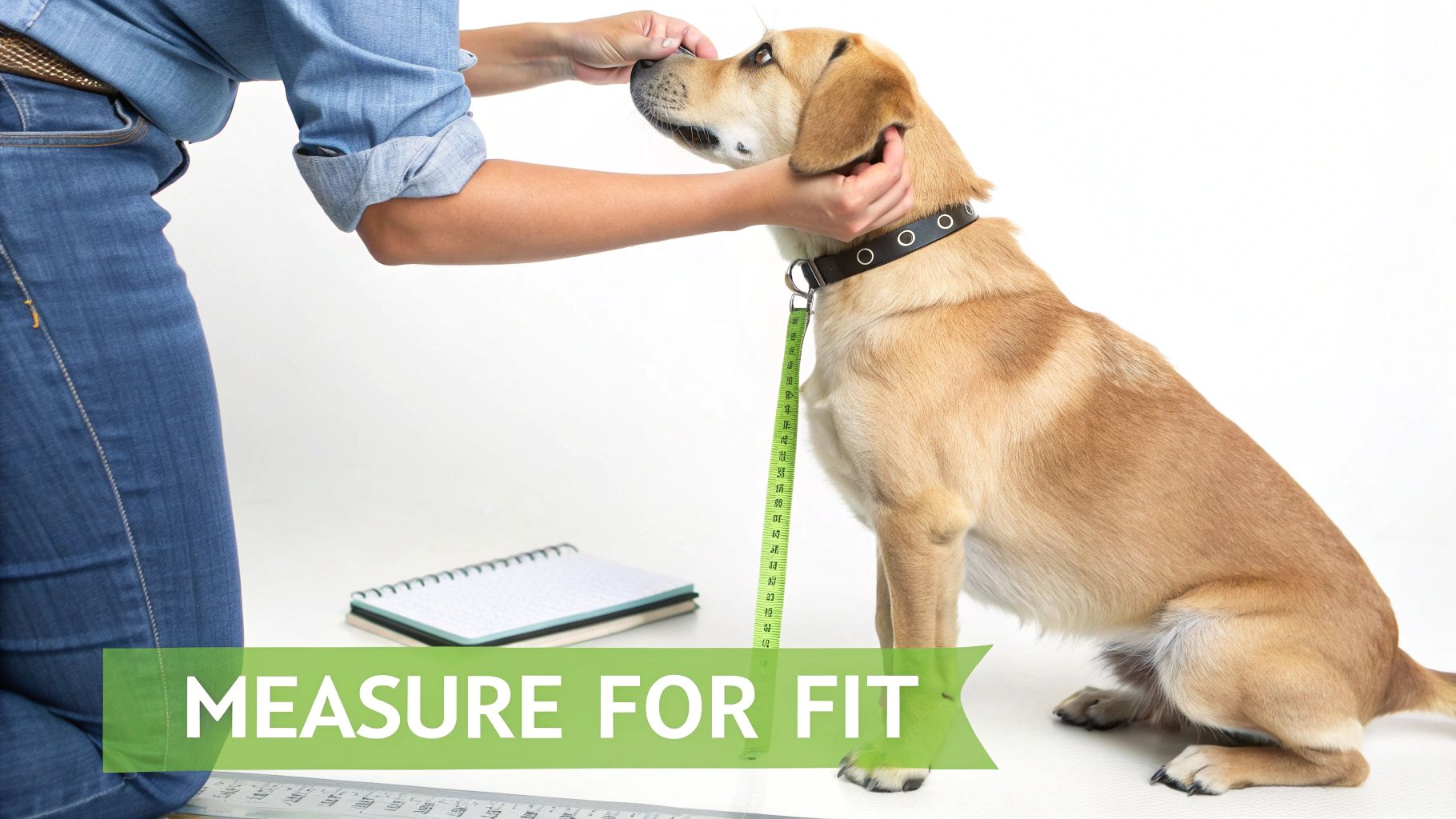 A person measuring a golden retriever with a tape measure to find the right kennel size.