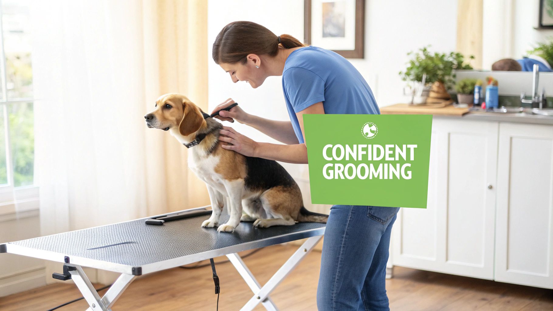 A smiling woman uses a brush to groom a beagle dog on a grooming table indoors with a green sign.