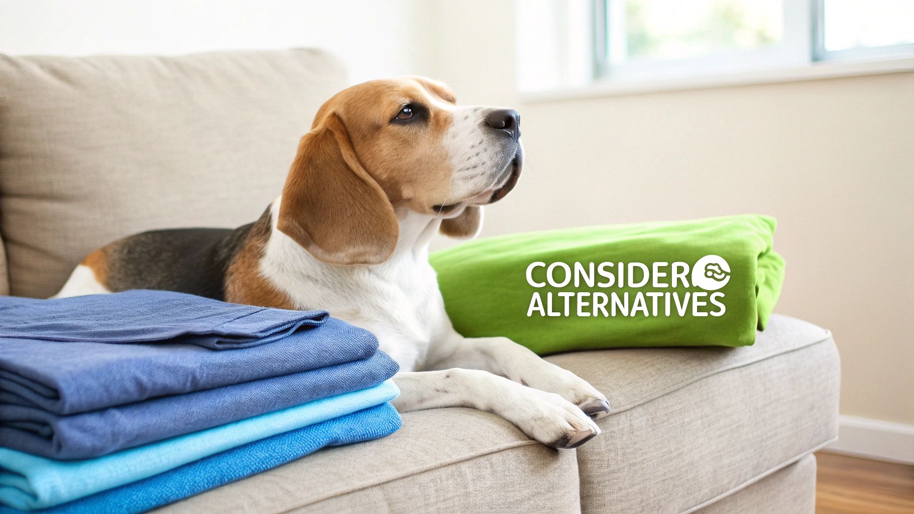 A beagle dog rests on a couch beside folded blue towels and a green blanket with text 'CONSIDER ALTERNATIVES'.