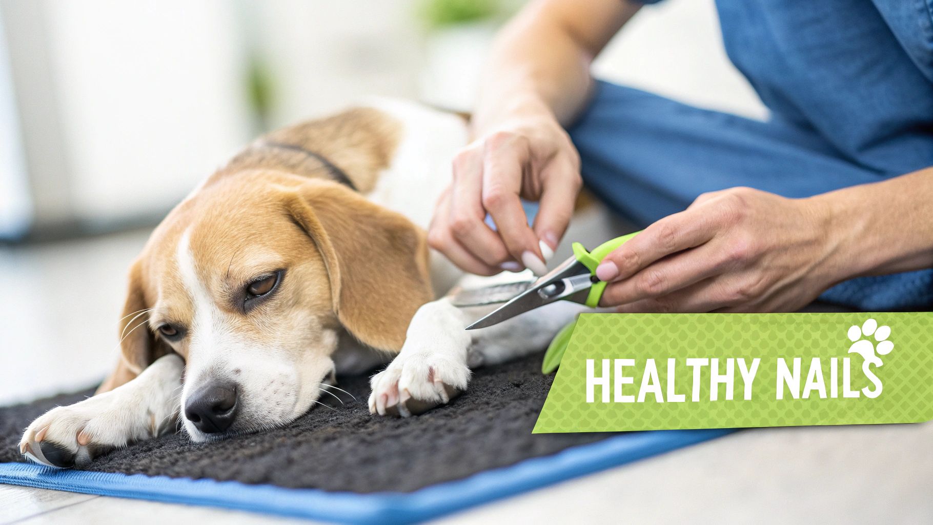 A person carefully trimming a dog's nails with a specialized dog nail cutter.