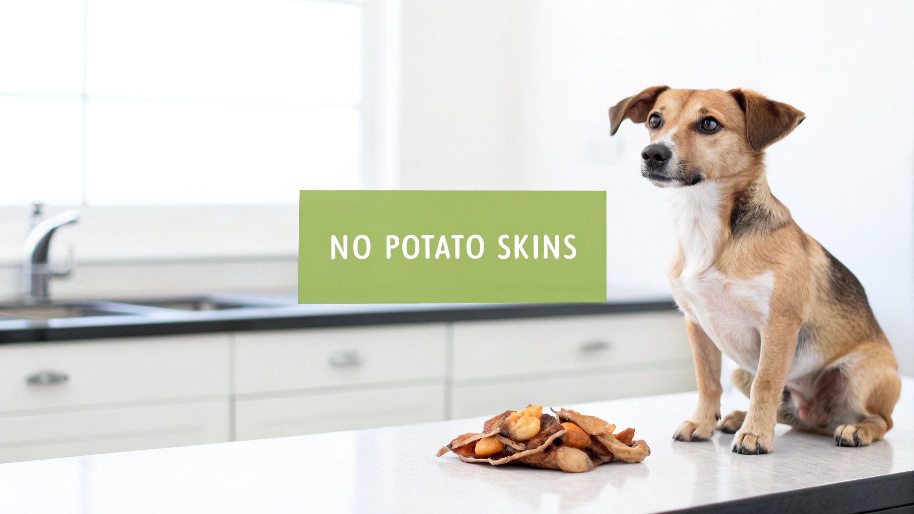 A small dog sits on a kitchen counter next to potato skins with a "NO POTATO S" sign.