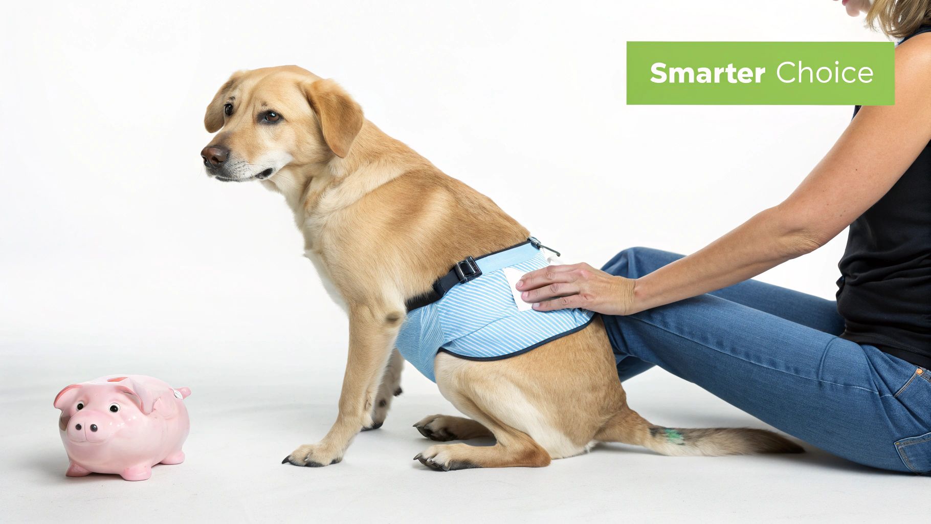 A golden retriever dog wears a blue and white striped reusable diaper while a person's hand adjusts it.