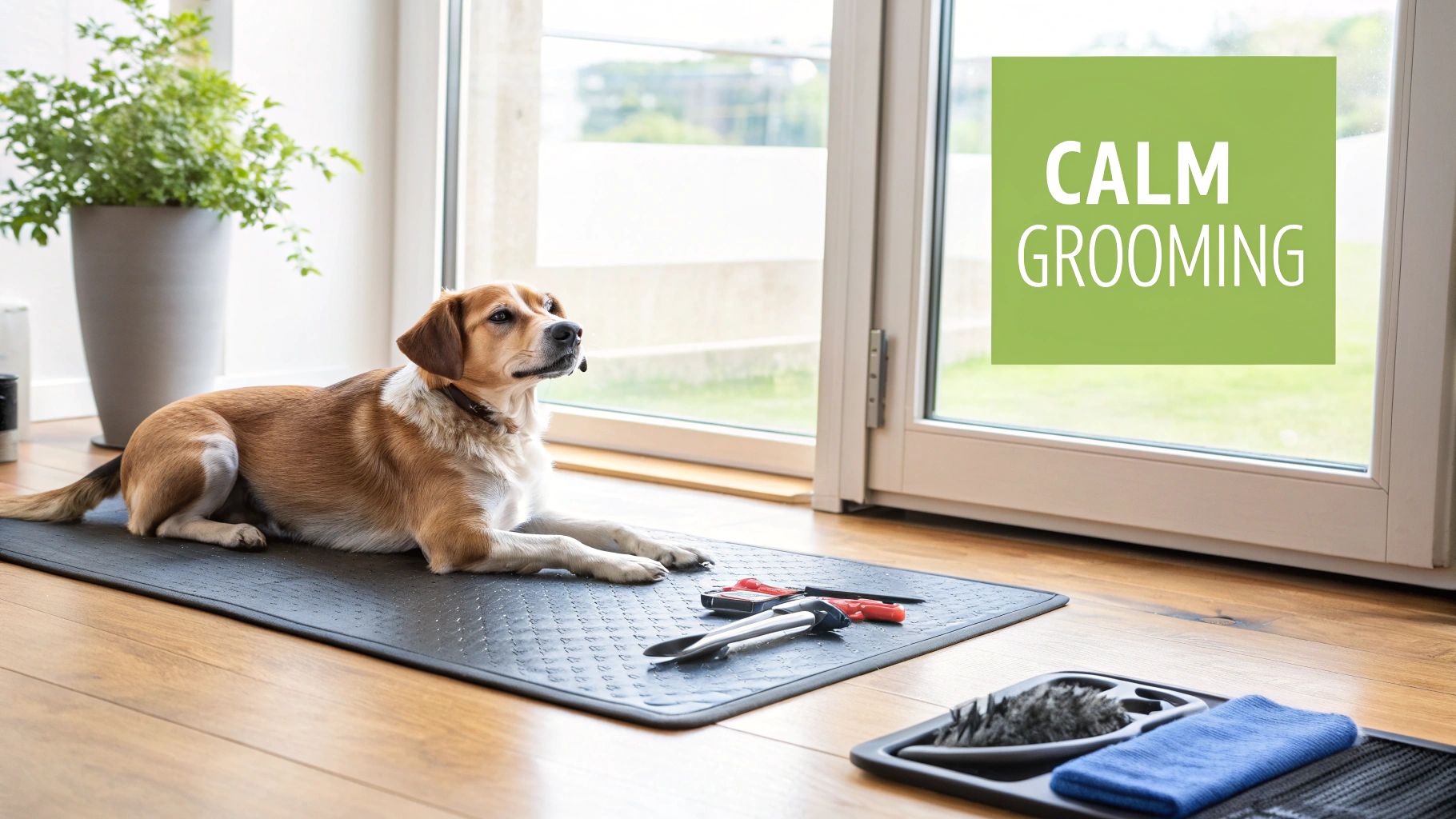 A calm brown and white dog lying on a mat with grooming tools, next to a window with 'CALM GROOMING' text.
