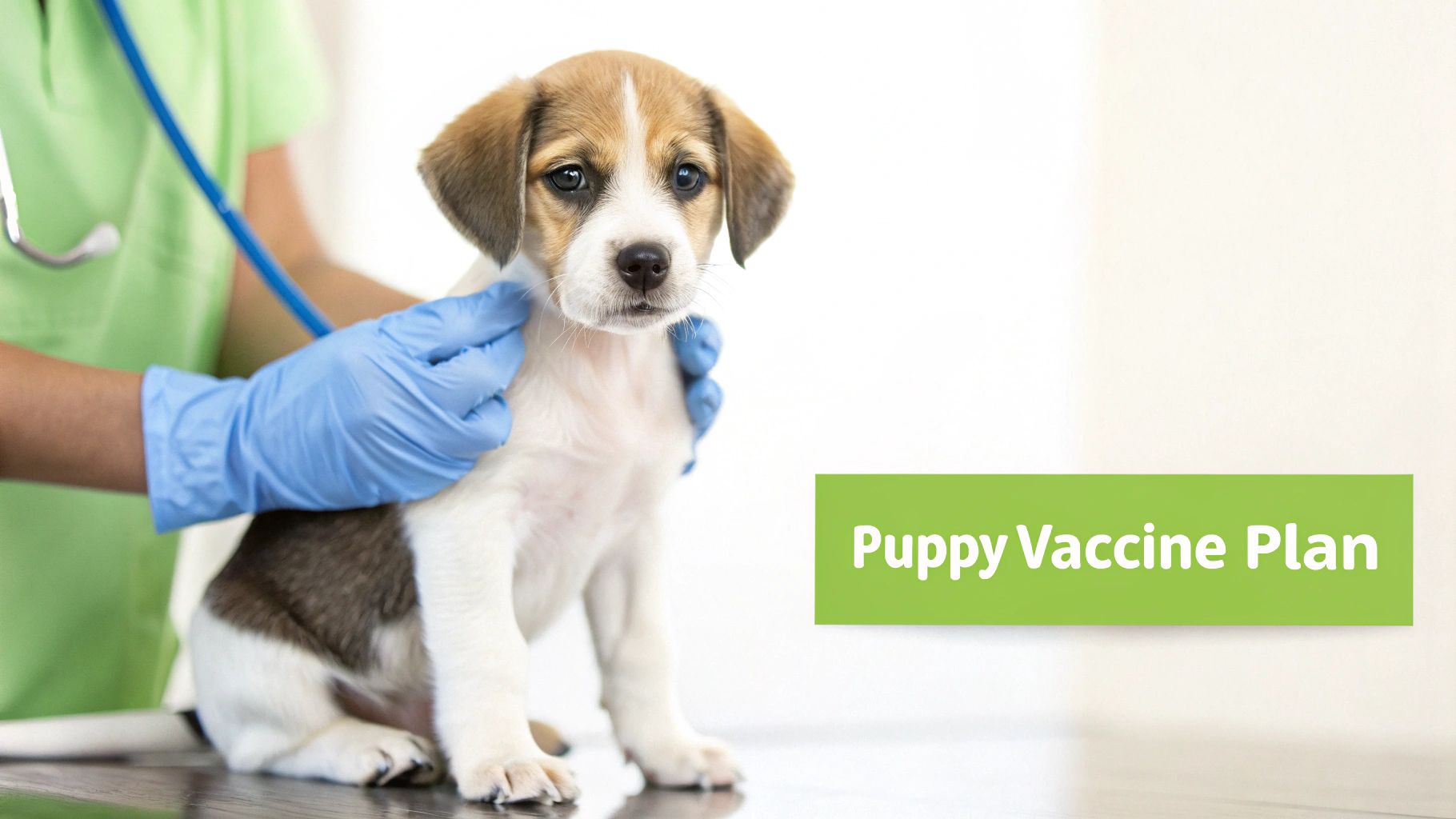 A veterinarian in blue gloves listens to a cute brown and white puppy with a stethoscope, highlighting a puppy vaccine plan.