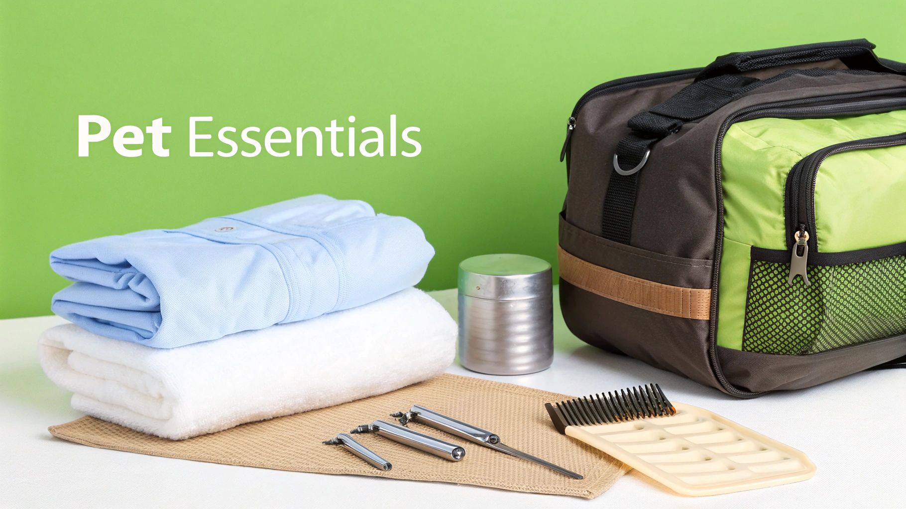 A collection of pet essentials including a travel bag, grooming tools, blanket, and a light blue shirt on a green background.