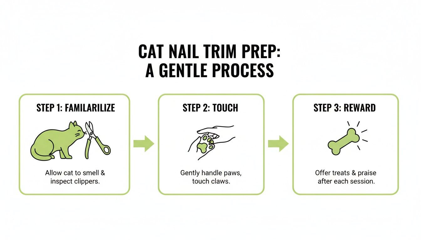 A 3-step guide showing how to prepare a cat for nail trimming with familiarization, gentle paw touching, and rewards.