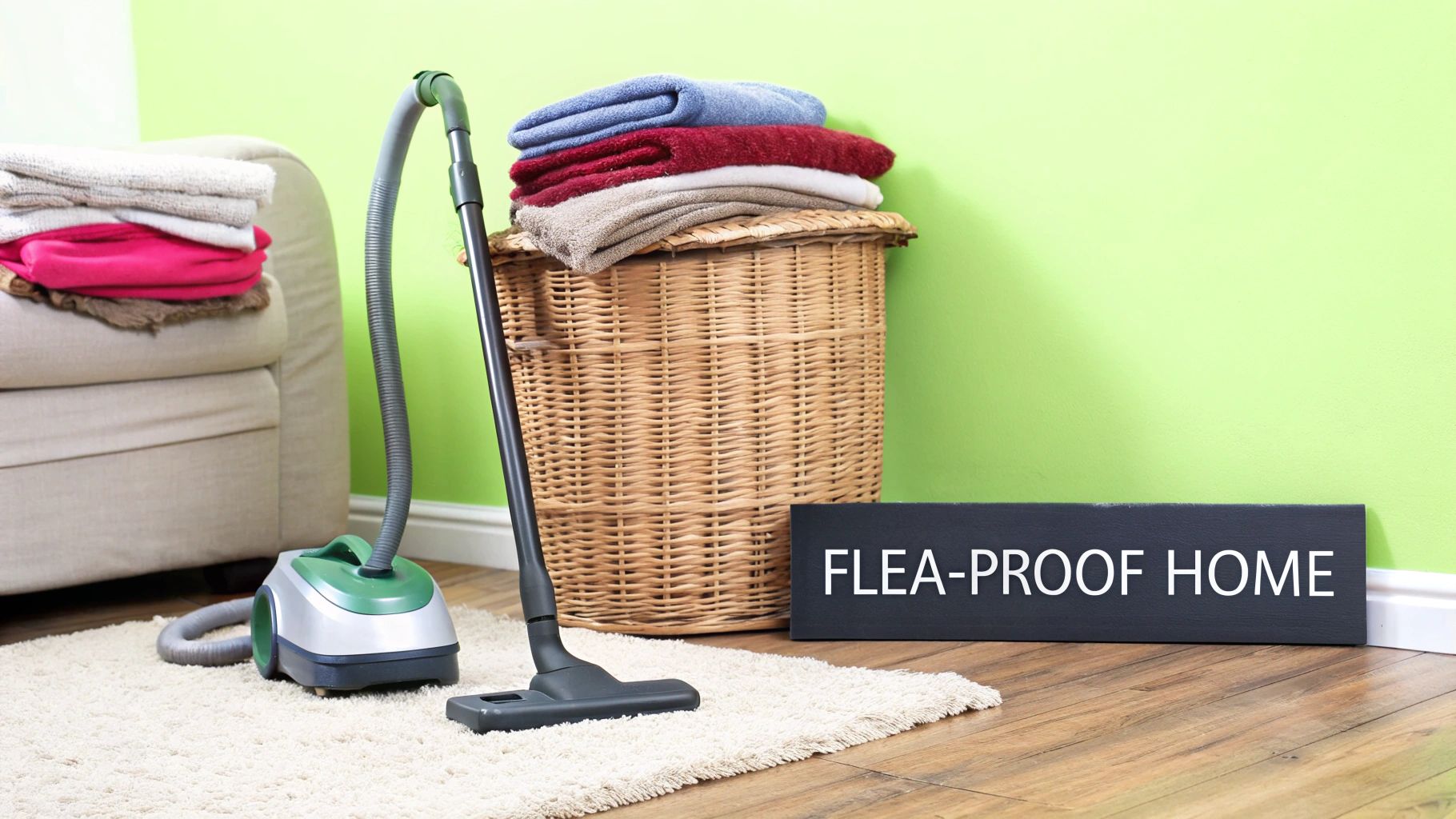 A vacuum cleaner, laundry basket, and a 'FLEA-PROOF HOME' sign in a clean living room setting.
