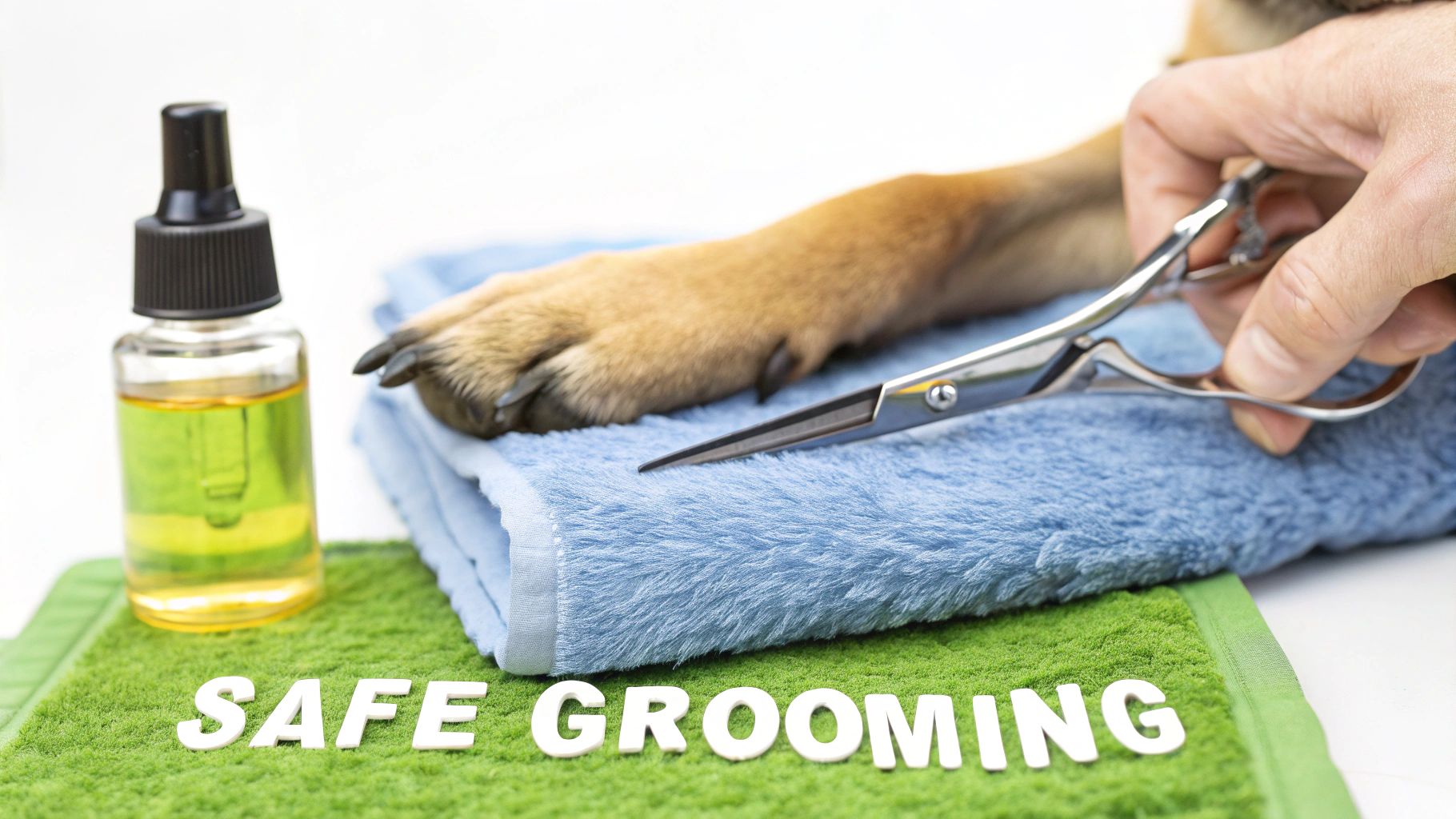 Hand using grooming scissors to trim a dog's paw on a blue towel, with 'SAFE GROOMING' text.