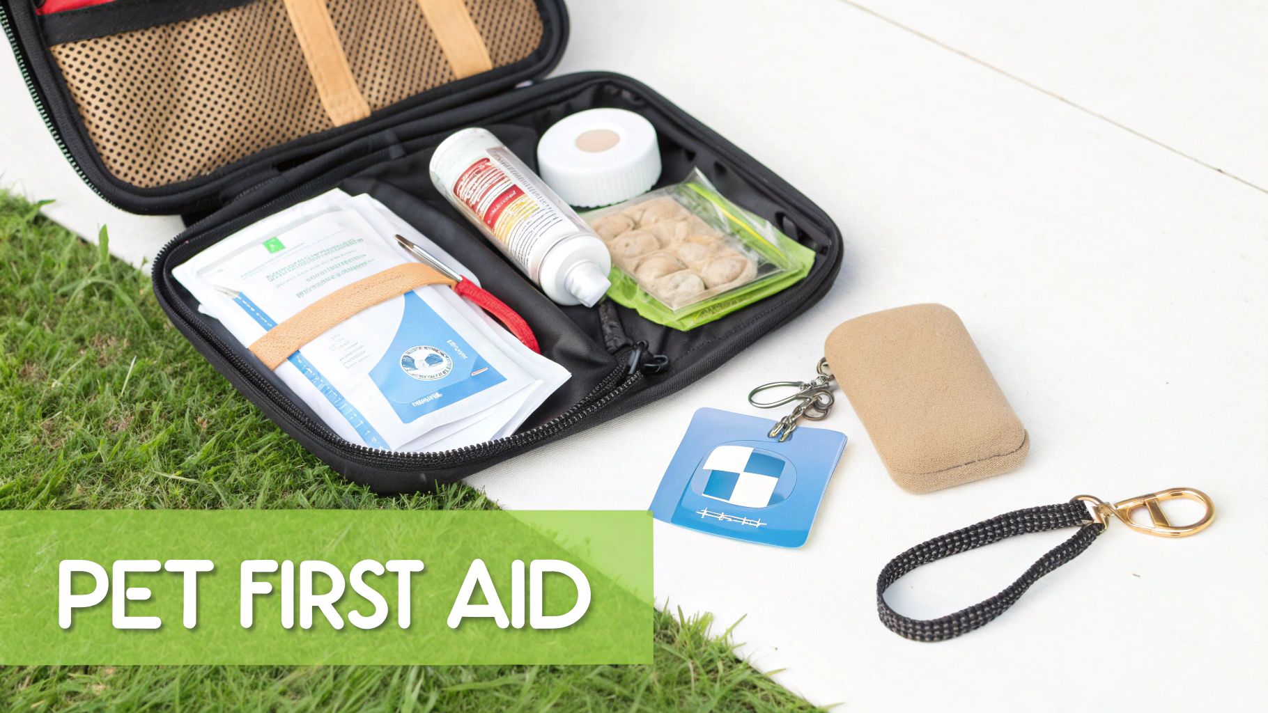 An open black pet first aid kit on grass with various medical supplies and accessories.