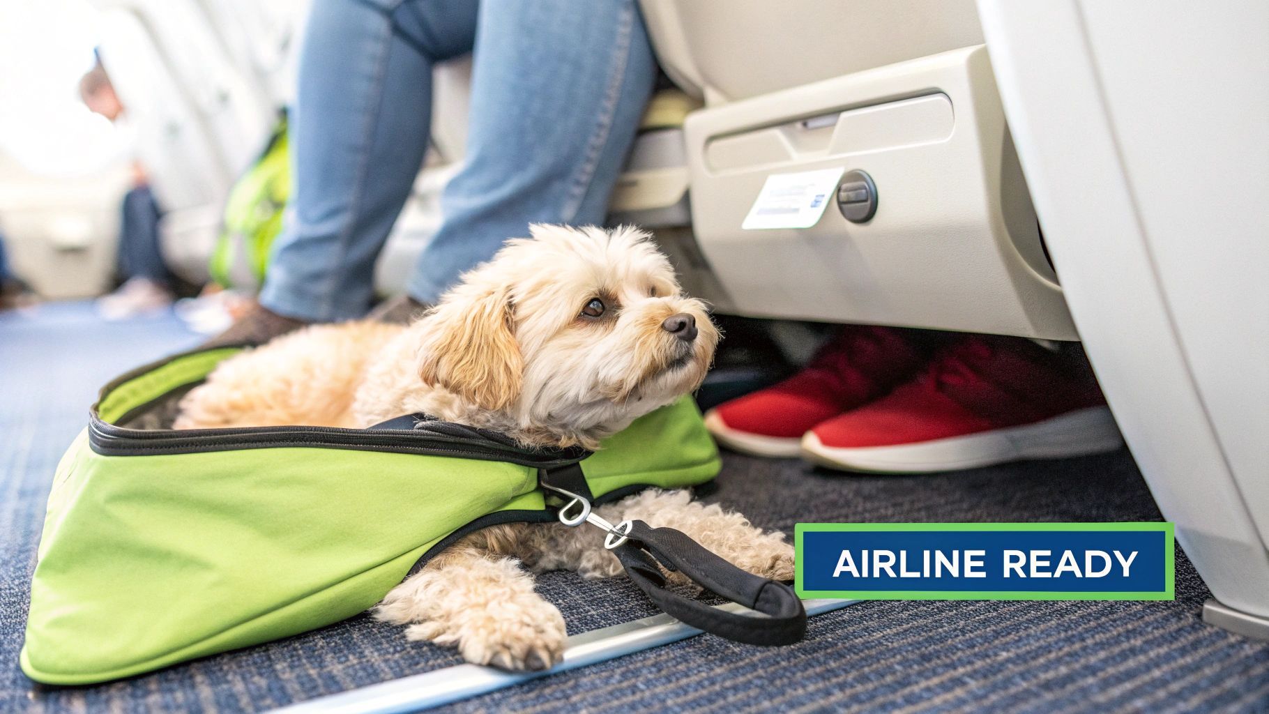 A small, fluffy dog looks up while resting comfortably in a green airline-approved pet carrier on an airplane floor.