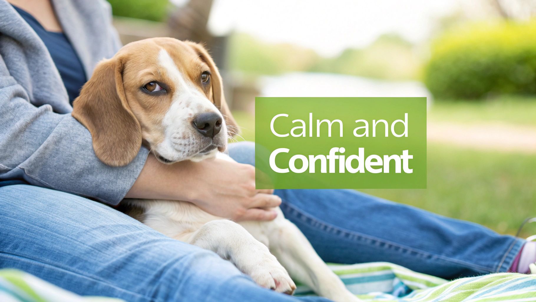 A person gently holds a calm beagle dog on their lap outdoors, embodying peace and confidence.