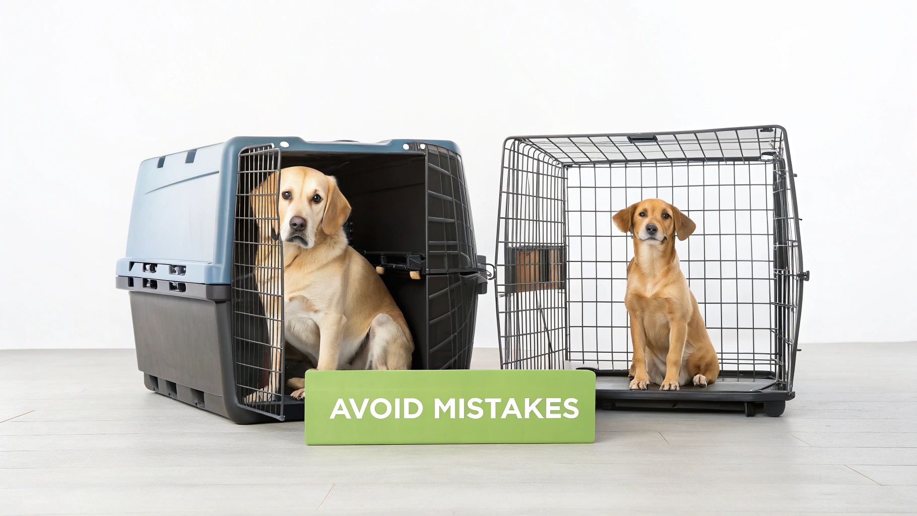 Two dogs in different sized crates, one plastic and one wire, with an 'AVOID MISTAKES' sign.