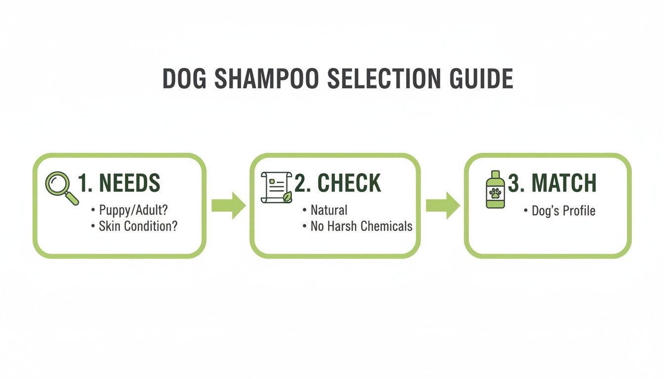 Dog shampoo selection guide showing three steps: 1. Needs (age, skin), 2. Check (natural, no harsh chemicals), 3. Match (dog's profile).