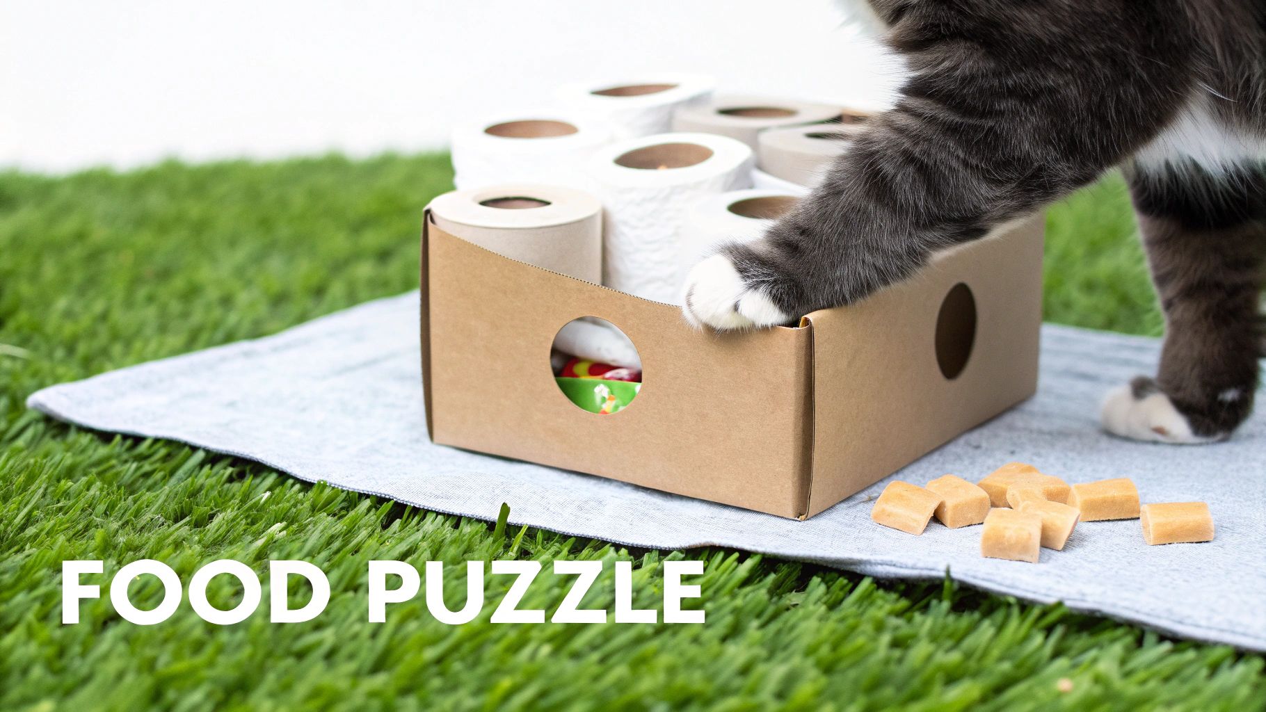 A cat's paw interacts with a homemade cardboard food puzzle toy filled with toilet paper rolls.