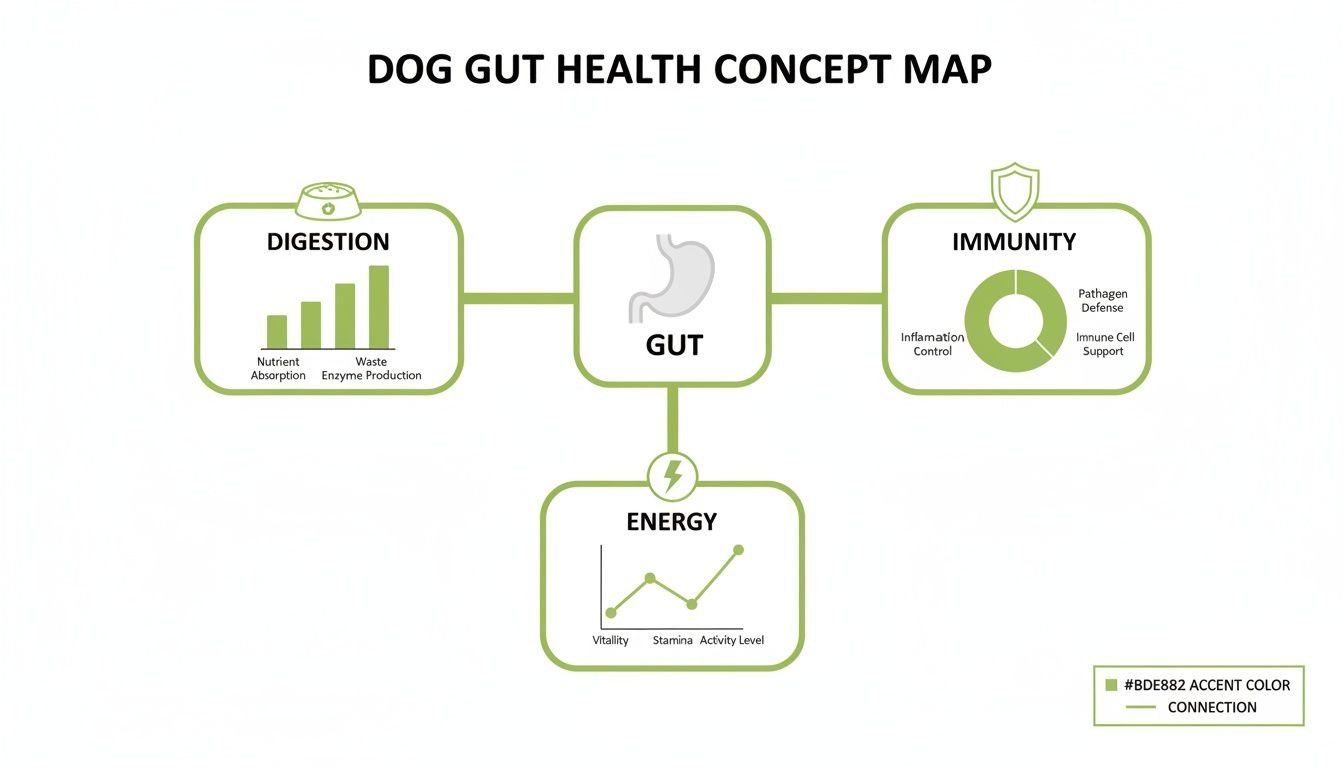 A concept map showing how dog gut health impacts digestion, immunity, and energy levels.