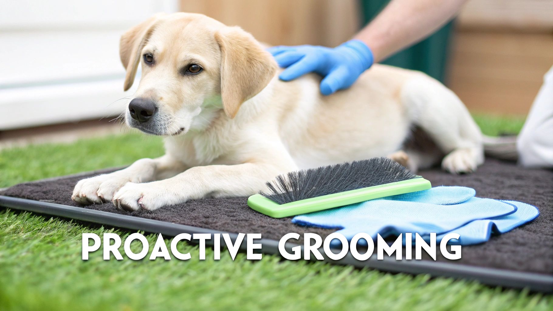 A person with a blue glove grooms a golden Labrador puppy on a mat with a brush and mitt.