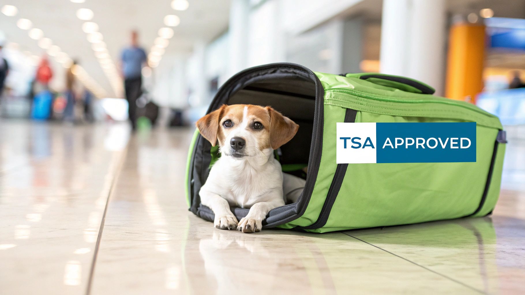 A small dog sits calmly inside a green TSA approved pet carrier bag at a bustling airport.