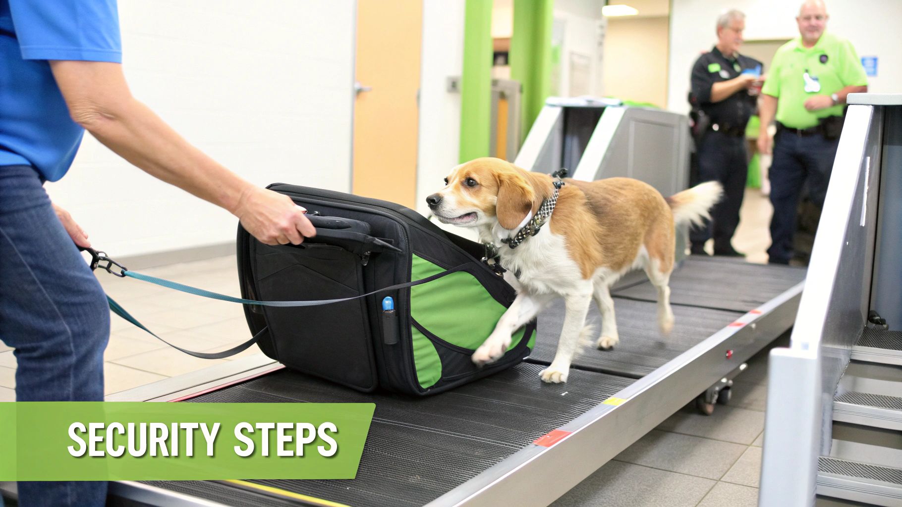 A small dog steps into an airline-approved pet carrier on a security conveyor belt, guided by its owner.