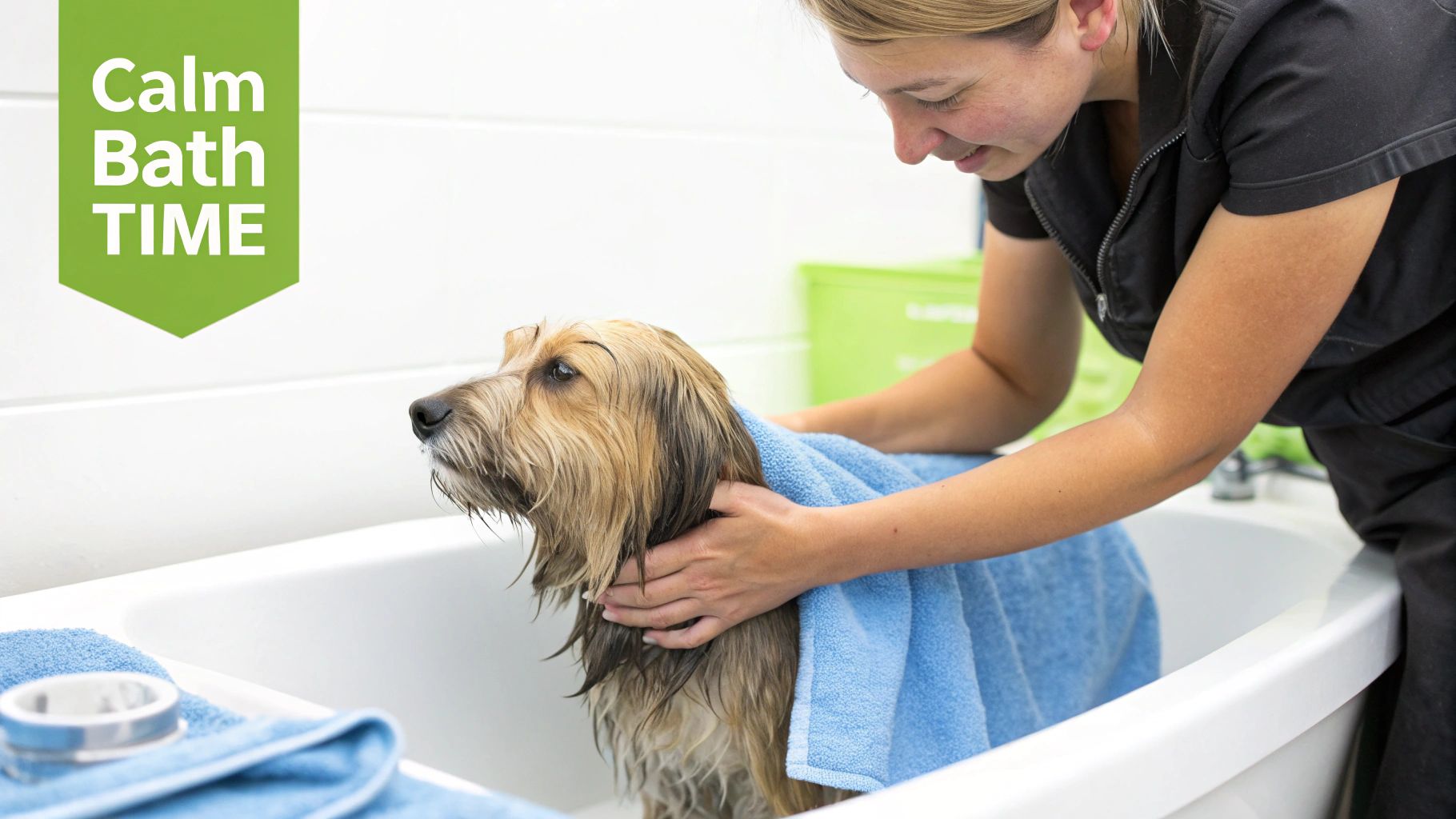 A person gently dries a wet, shaggy dog with a blue towel in a white tub after a bath.