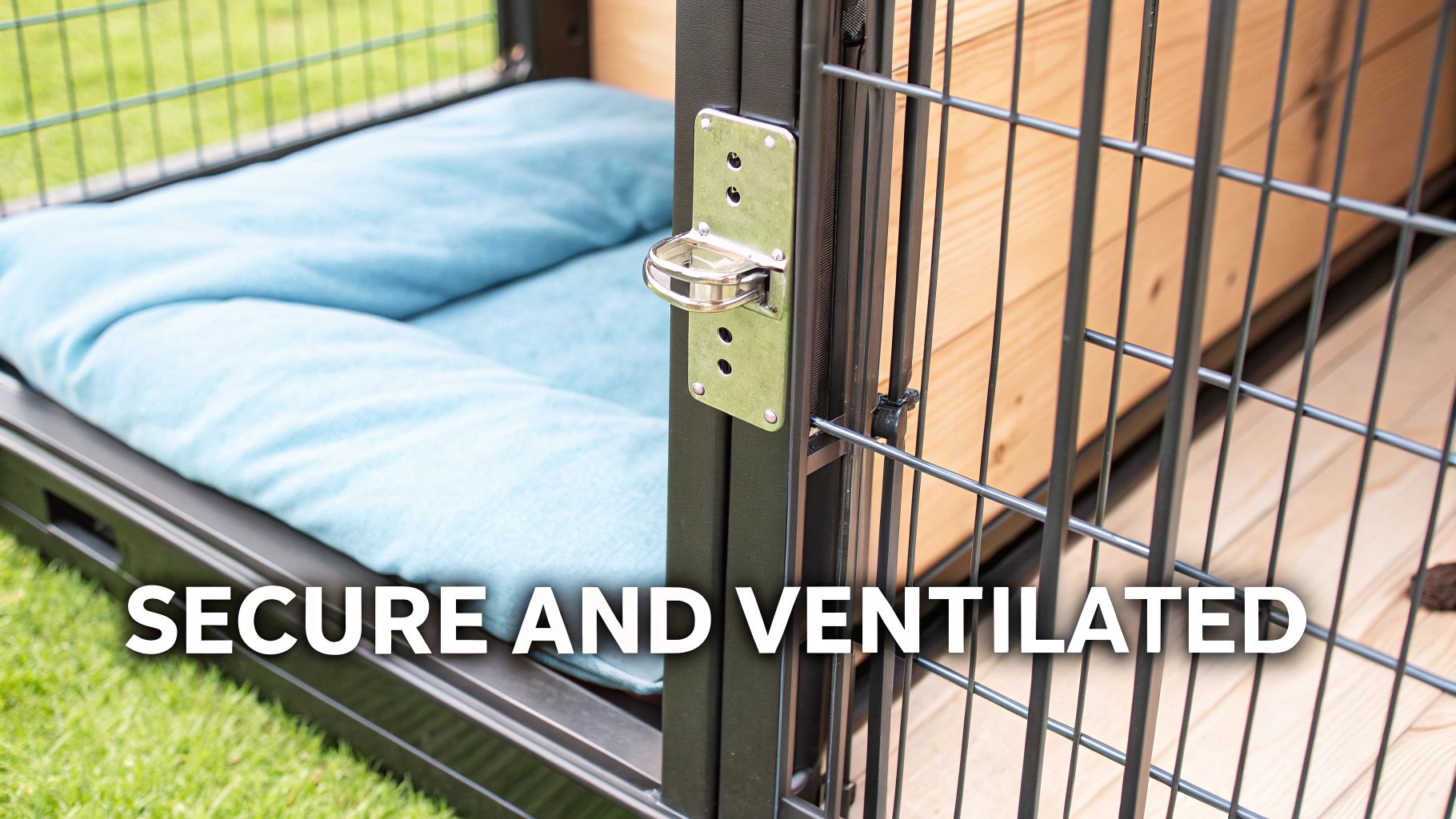 Inside a secure, ventilated dog kennel with a soft blue cushion and sturdy metal latch.