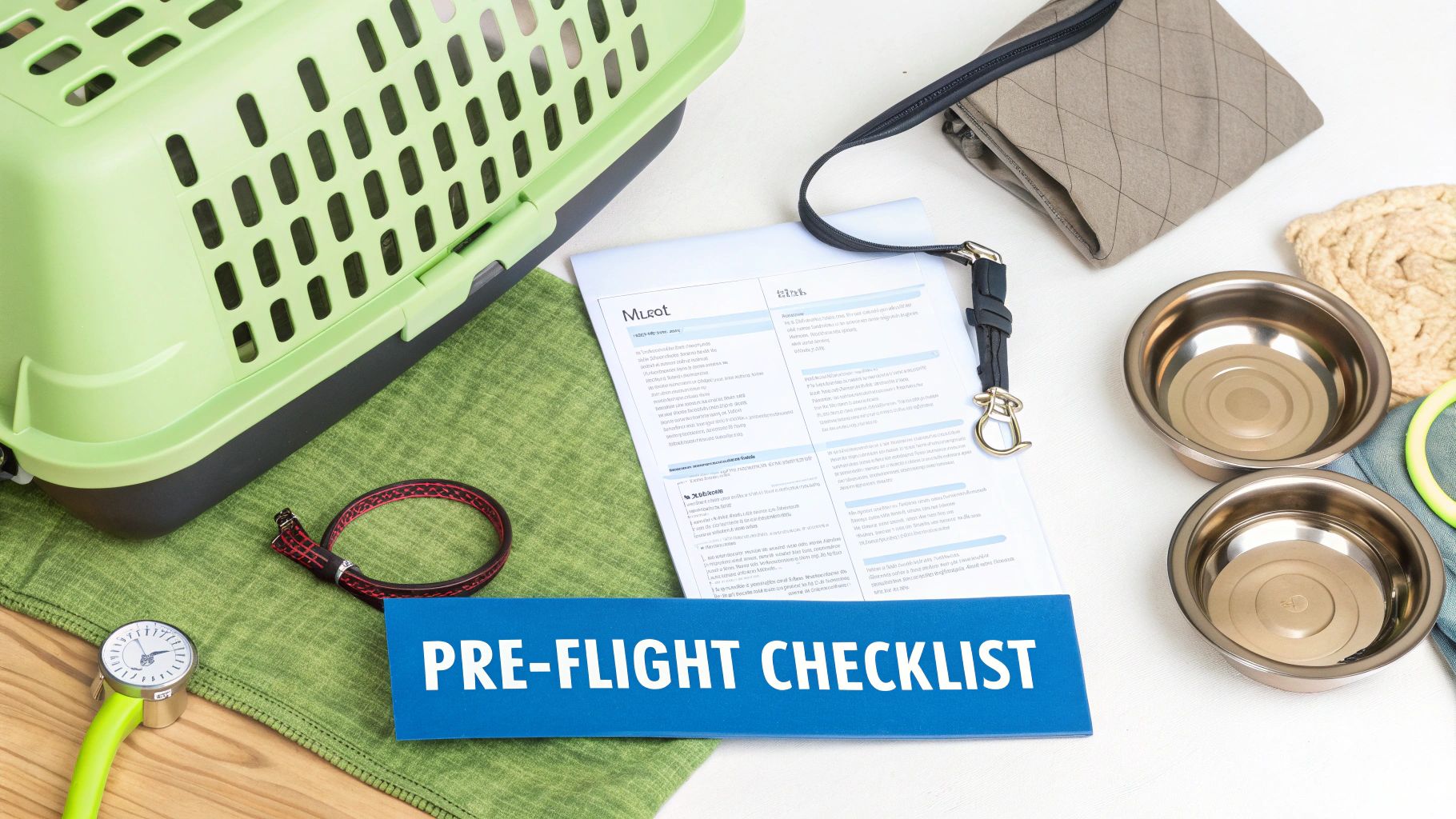Pet travel essentials including a carrier, bowls, collar, and pre-flight checklist for flying with a pet.