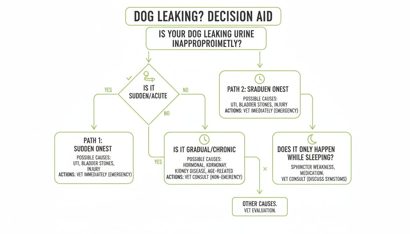 Flowchart decision aid for dog urine leaking, outlining causes and vet actions for different onset types.