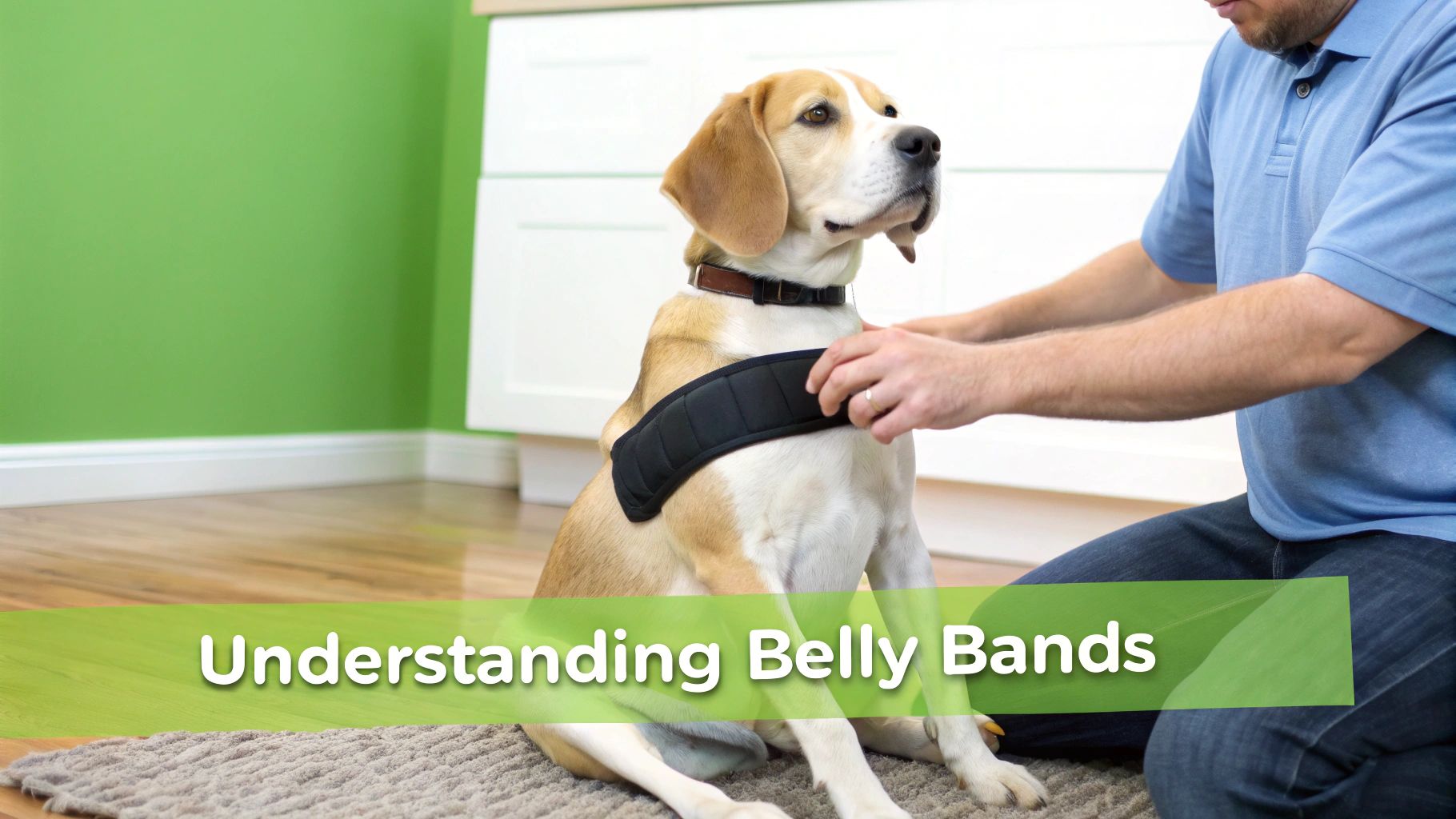 A man is fitting a black belly band on a sitting beagle dog indoors with a green wall.