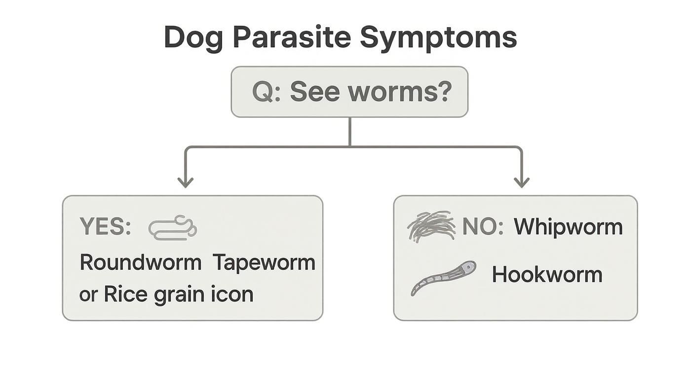 Flowchart showing dog parasite identification based on visible worms like roundworm, tapeworm, whipworm, and hookworm