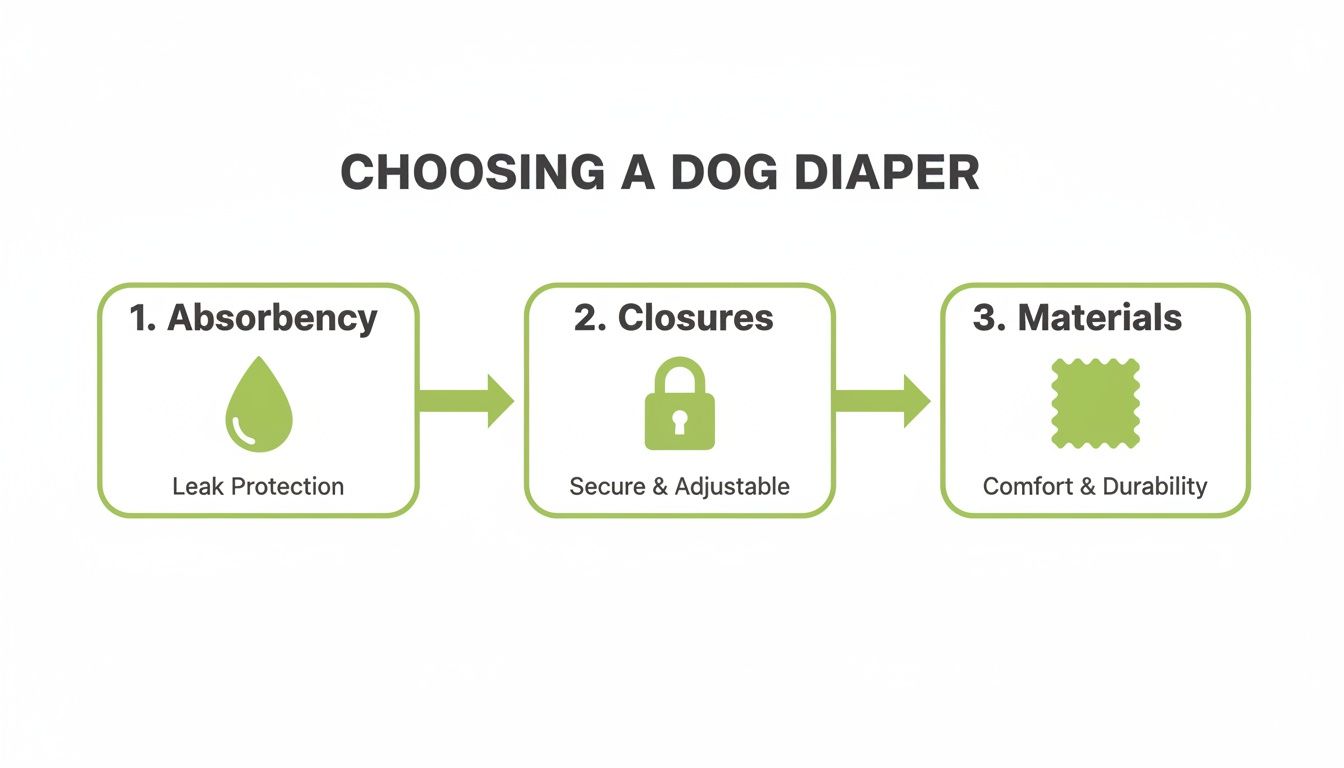 Flowchart outlining three key factors for choosing a dog diaper: absorbency for leak protection, secure closures, and comfortable materials.