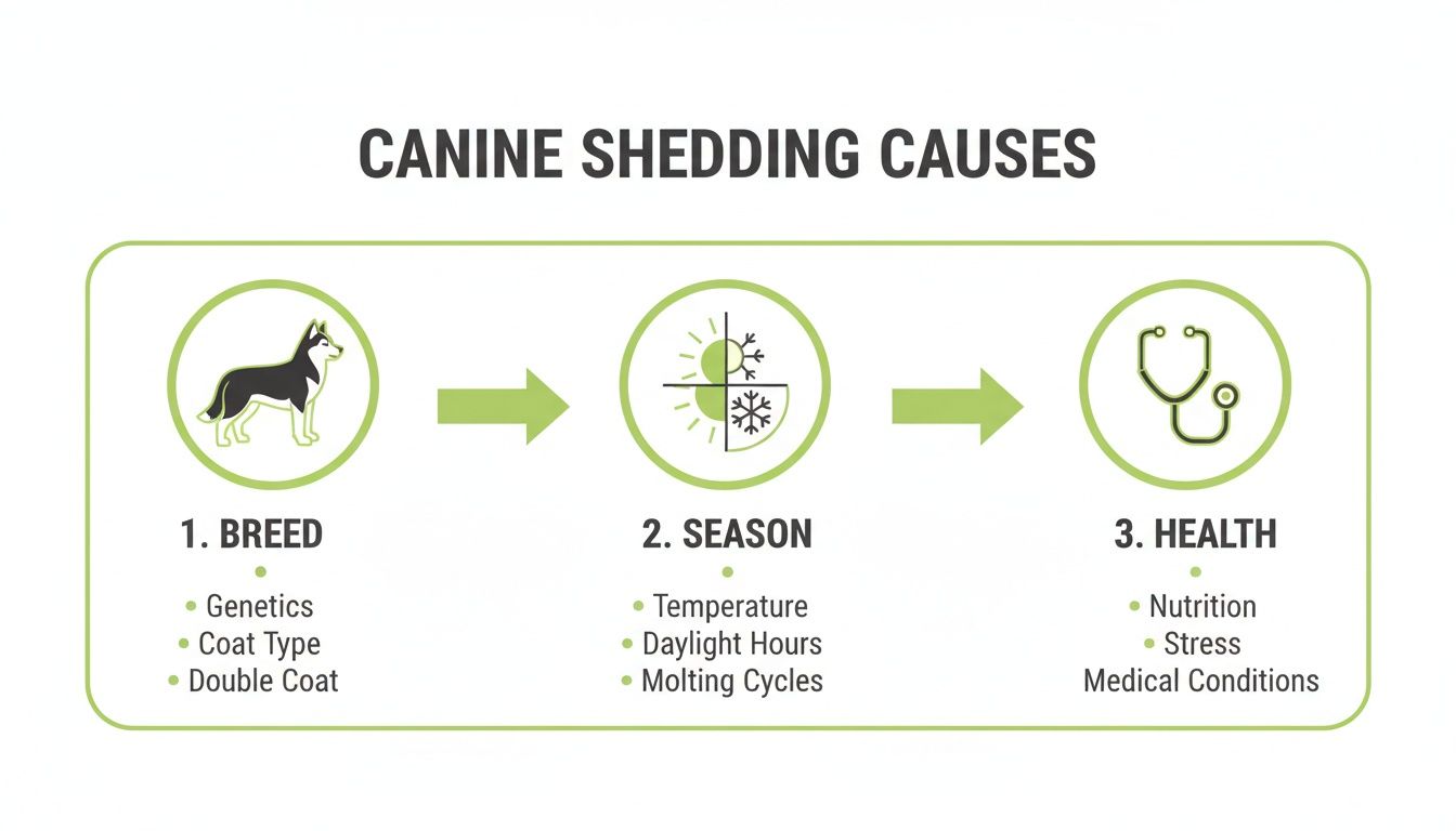 Infographic outlining three main causes of canine shedding: breed, season, and health.