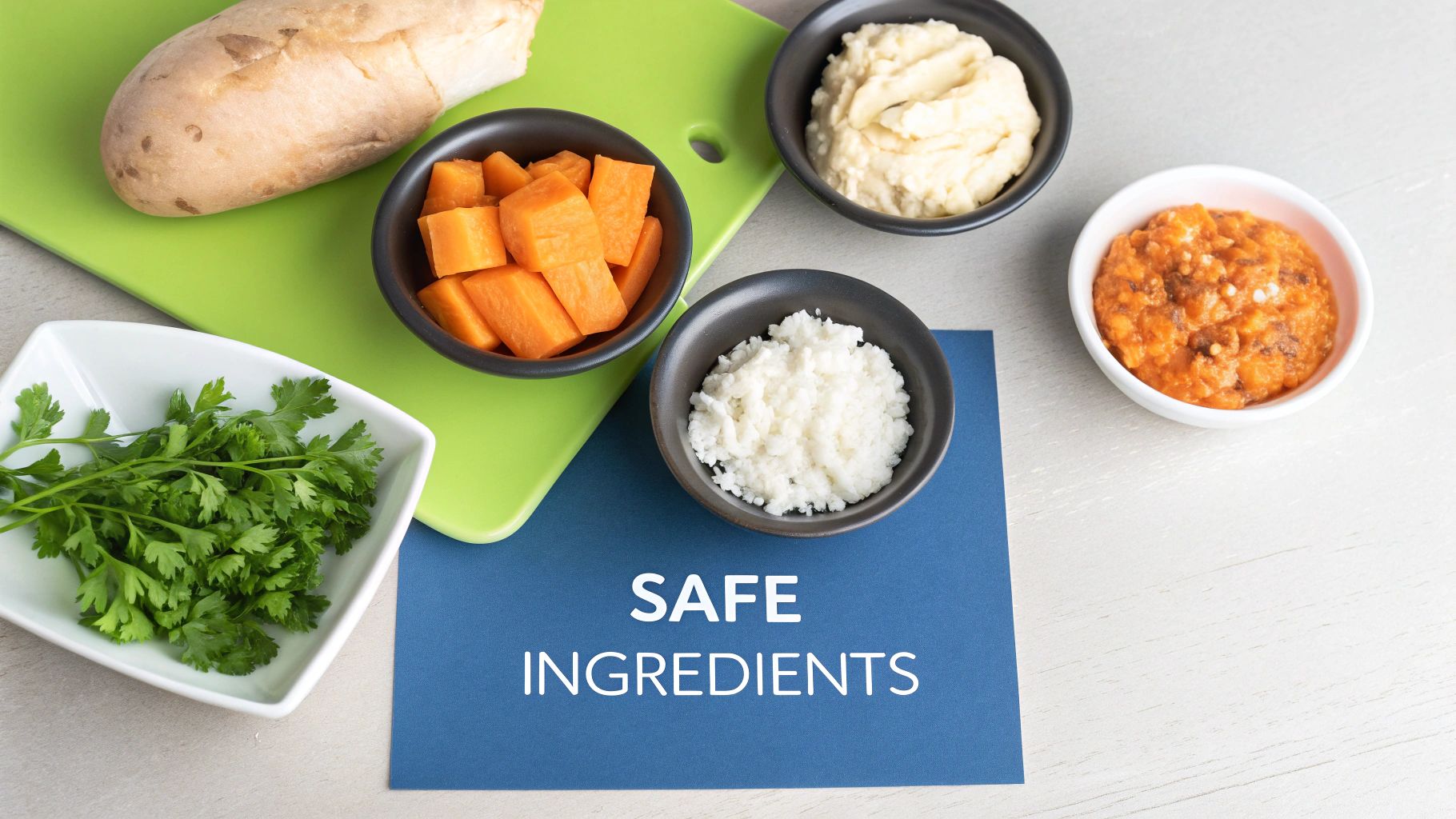 Bowls of safe dog food ingredients including rice, carrots, cottage cheese, and chicken on table