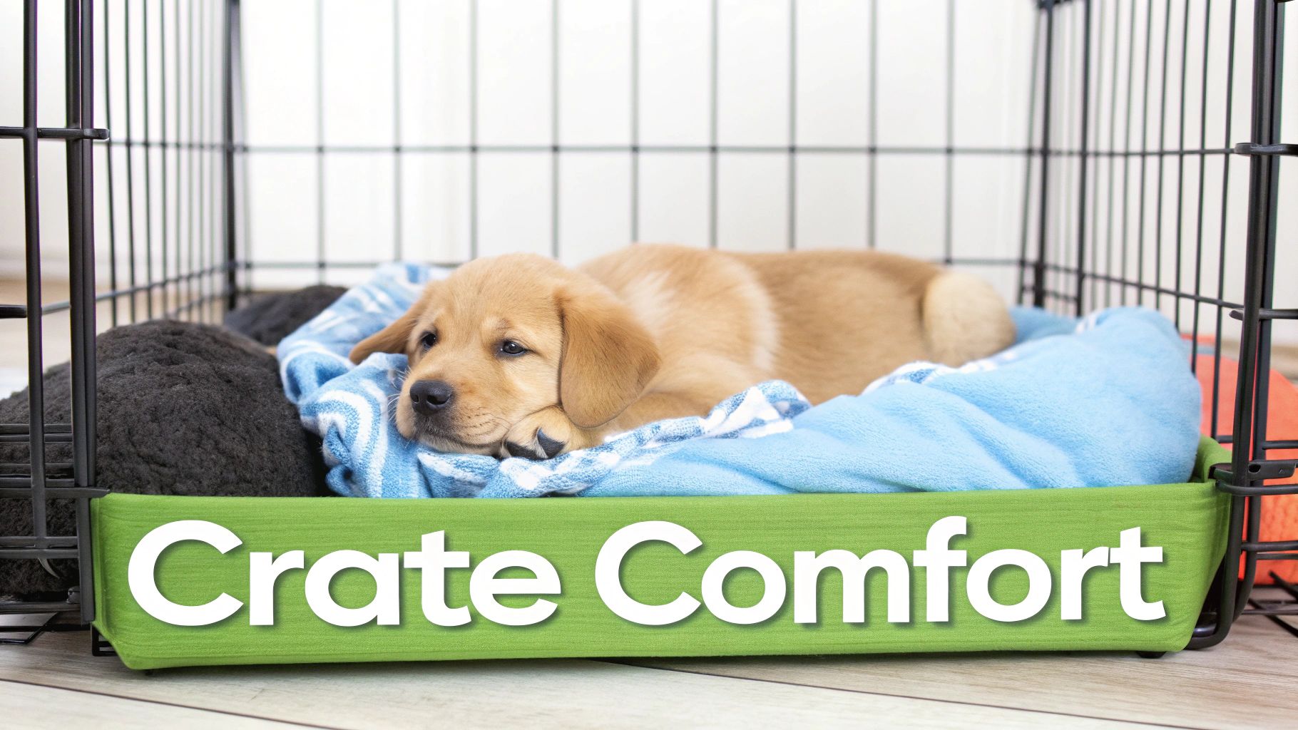 A cute golden retriever puppy lies comfortably on a blue blanket inside a dog crate.